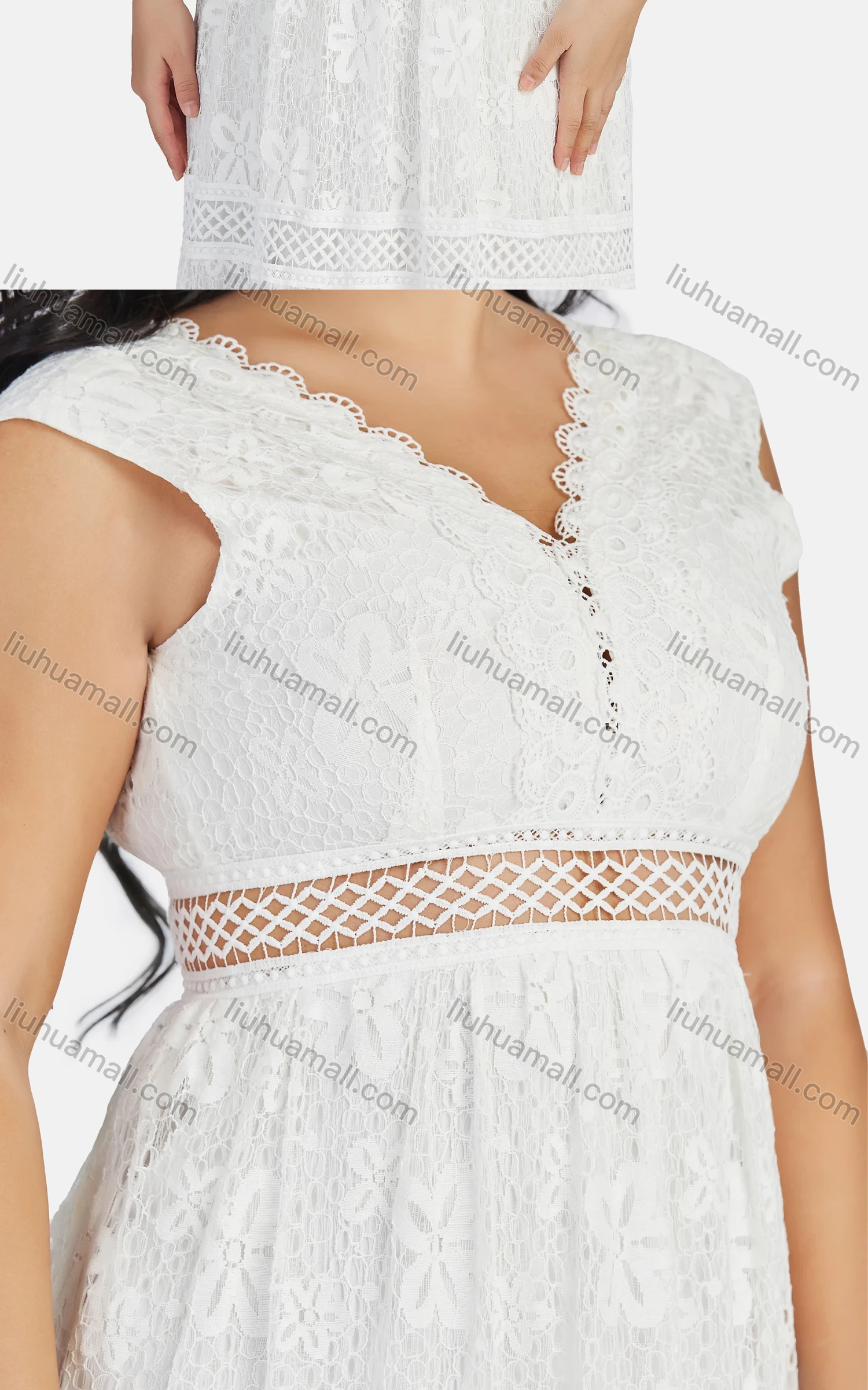 Wholesale Women's Sexy V Neck Hollow Out Guipure Lace Sleeveless Backless Midi Tank Dress 1822# - Liuhuamall
