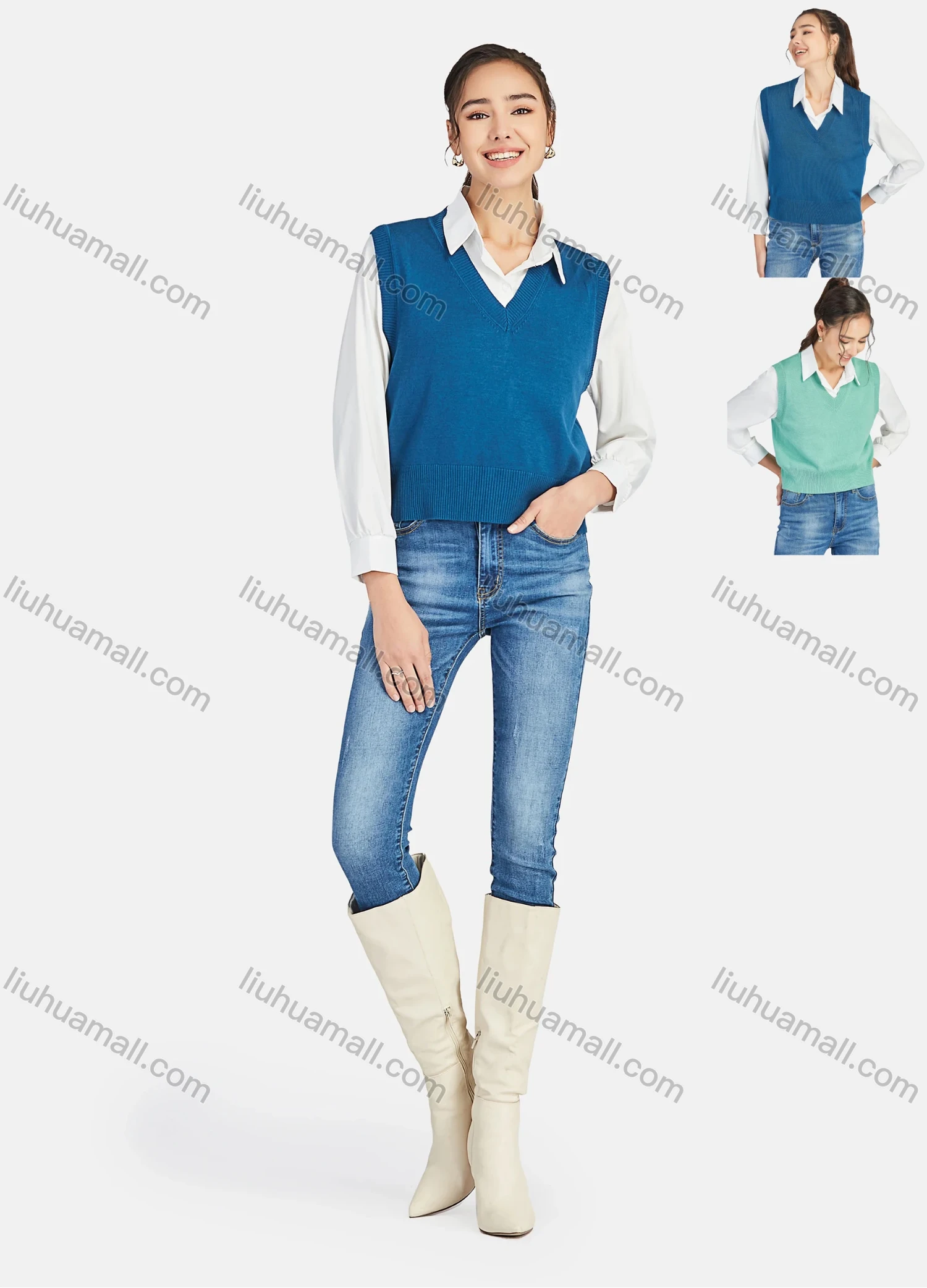 Wholesale Women's Casual V Neck Plain Knit Crop Sweater Vest 0988# - Liuhuamall