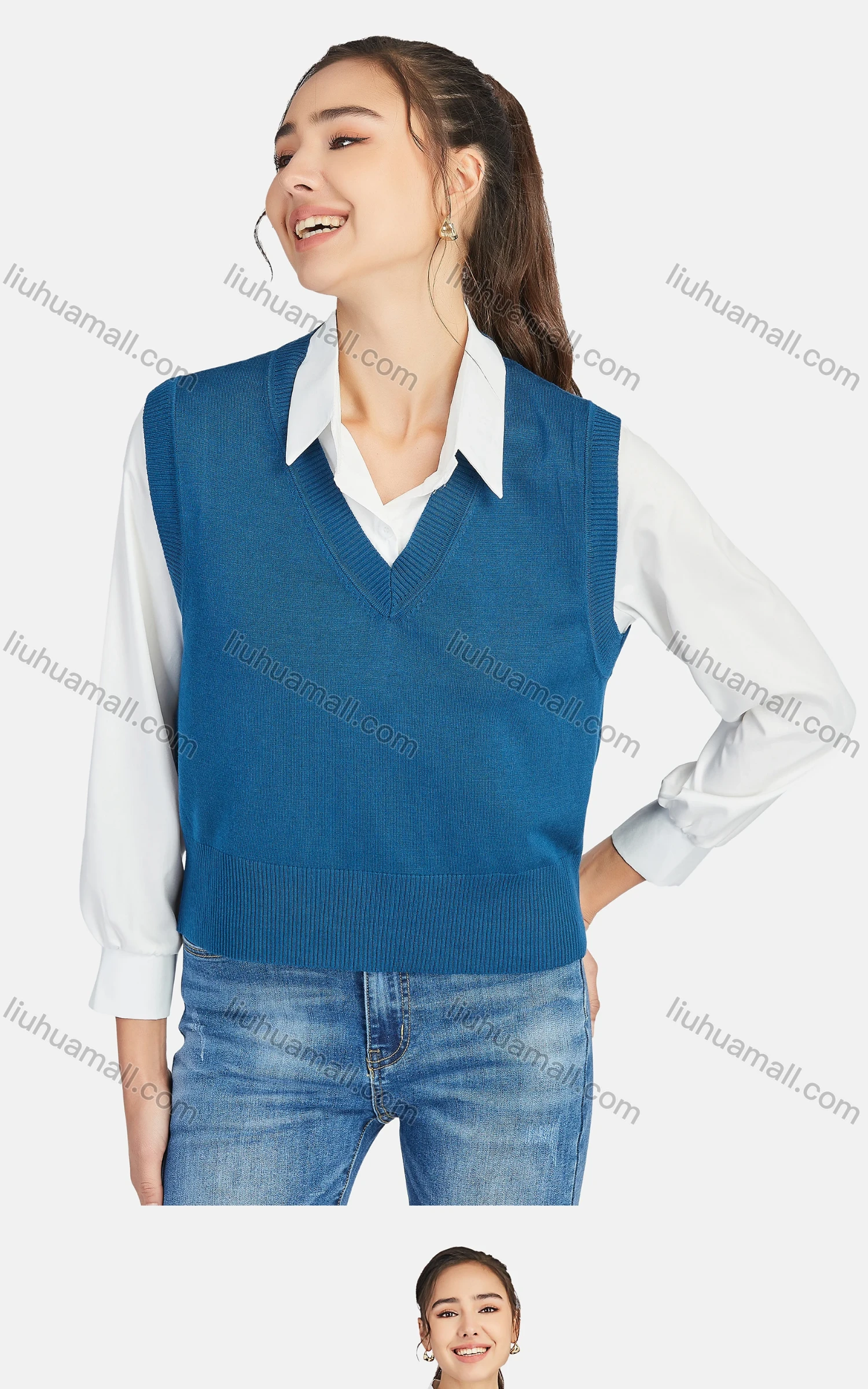 Wholesale Women's Casual V Neck Plain Knit Crop Sweater Vest 0988# - Liuhuamall