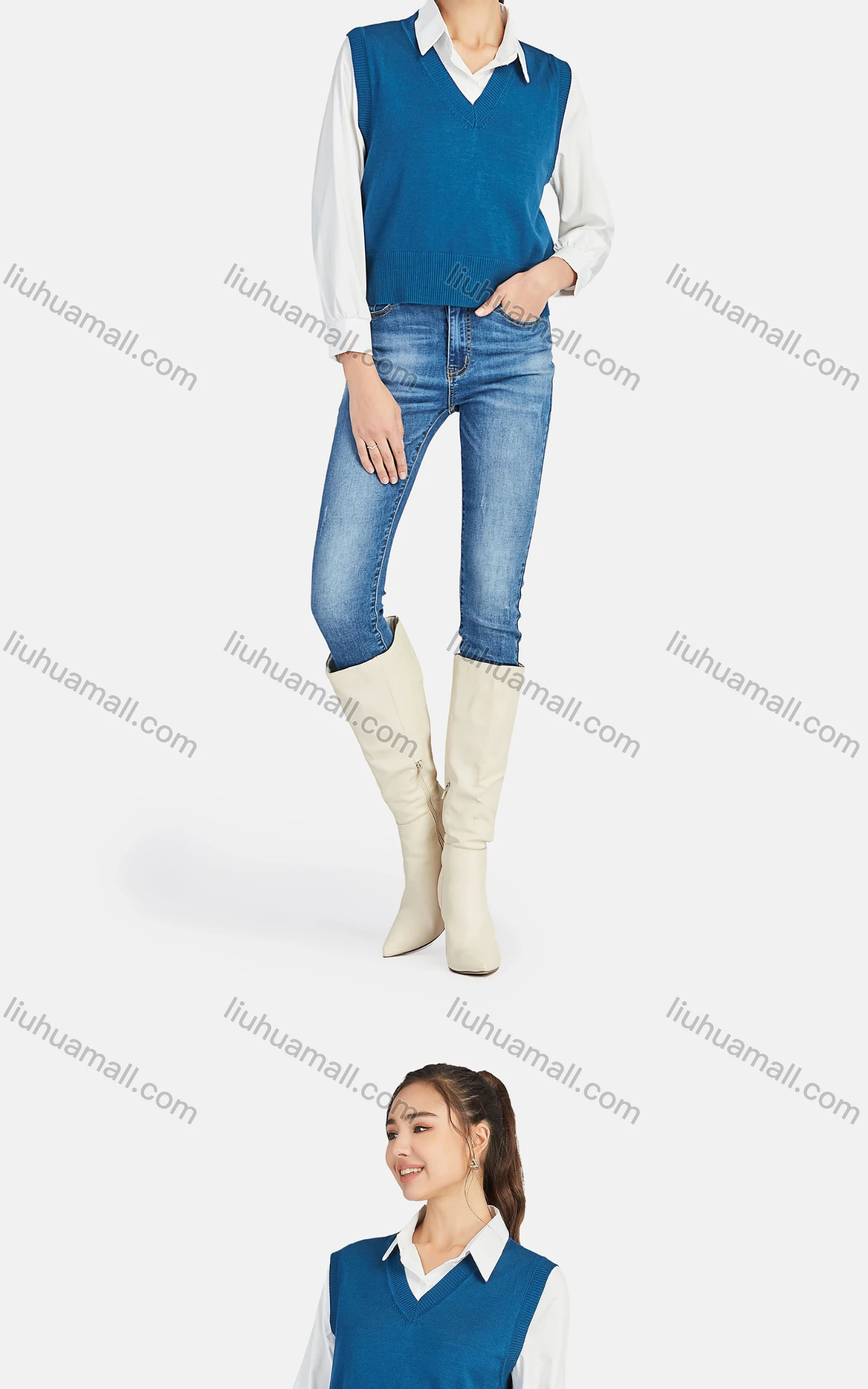 Wholesale Women's Casual V Neck Plain Knit Crop Sweater Vest 0988# - Liuhuamall
