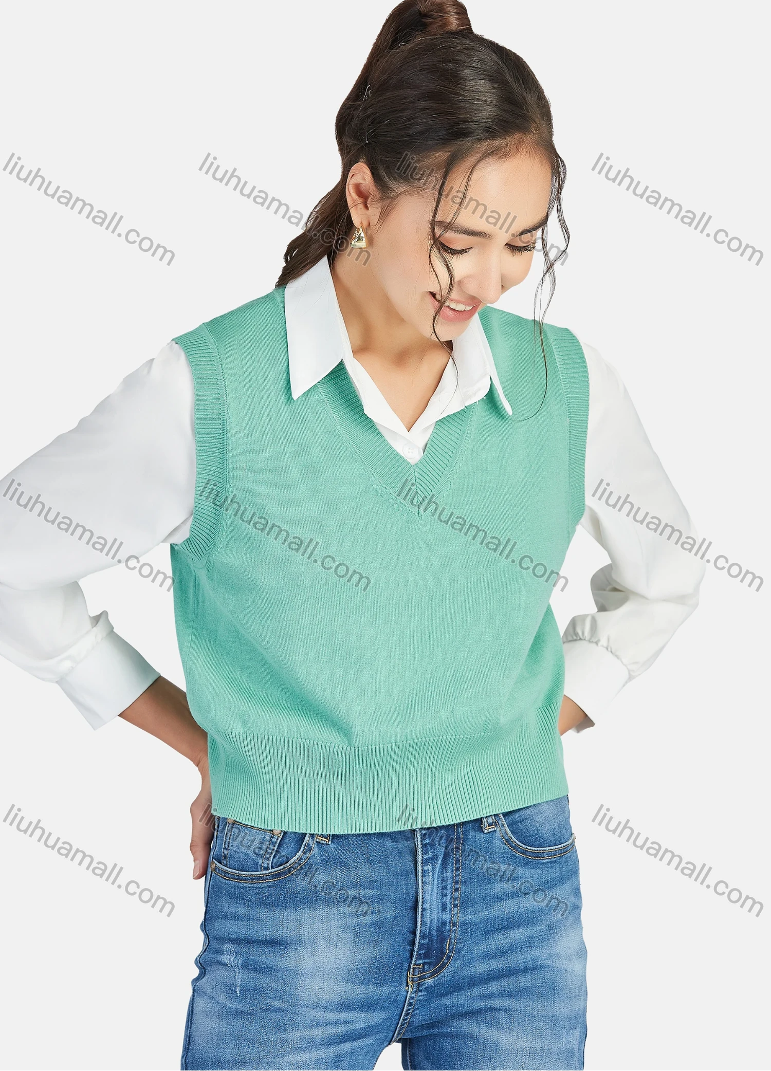 Wholesale Women's Casual V Neck Plain Knit Crop Sweater Vest 0988# - Liuhuamall