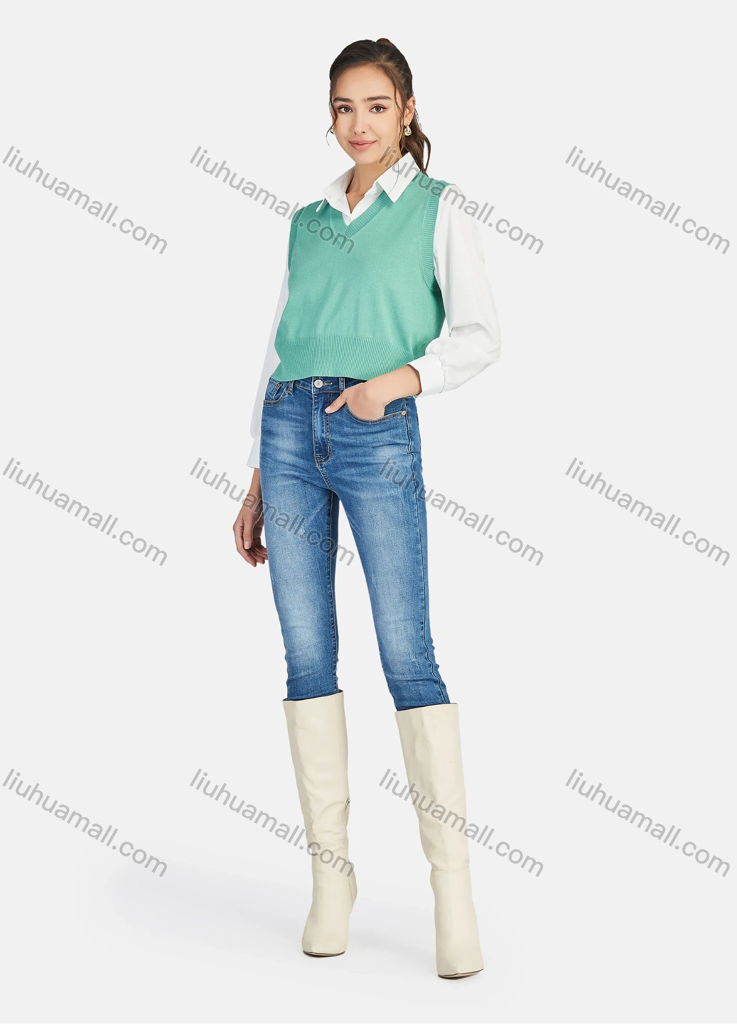 Wholesale Women's Casual V Neck Plain Knit Crop Sweater Vest 0988# - Liuhuamall