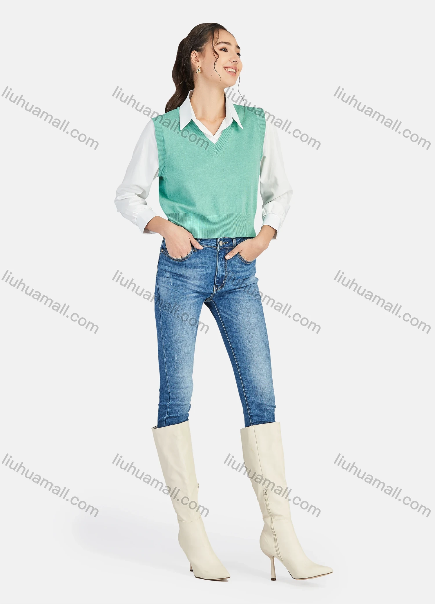 Wholesale Women's Casual V Neck Plain Knit Crop Sweater Vest 0988# - Liuhuamall