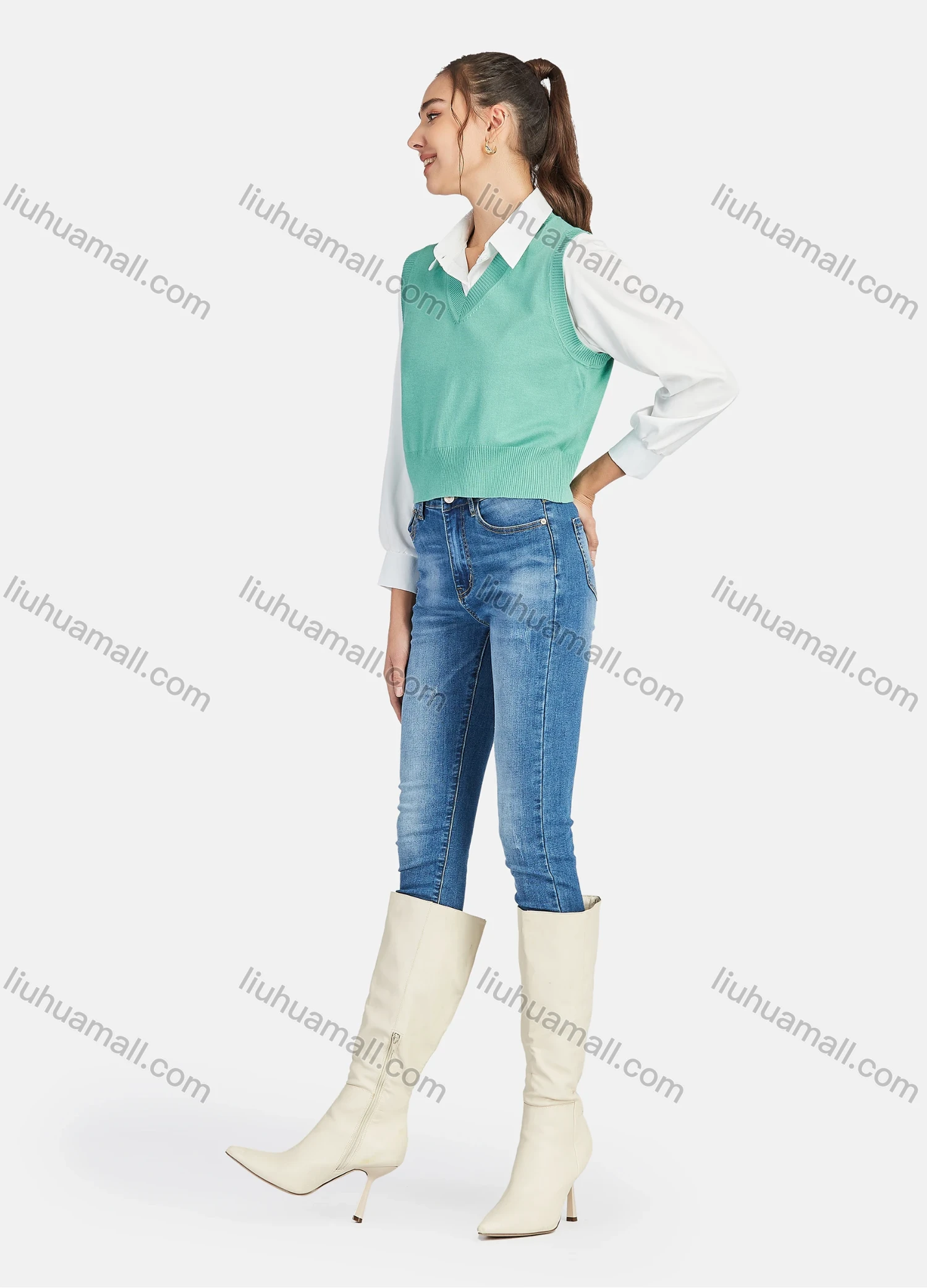 Wholesale Women's Casual V Neck Plain Knit Crop Sweater Vest 0988# - Liuhuamall