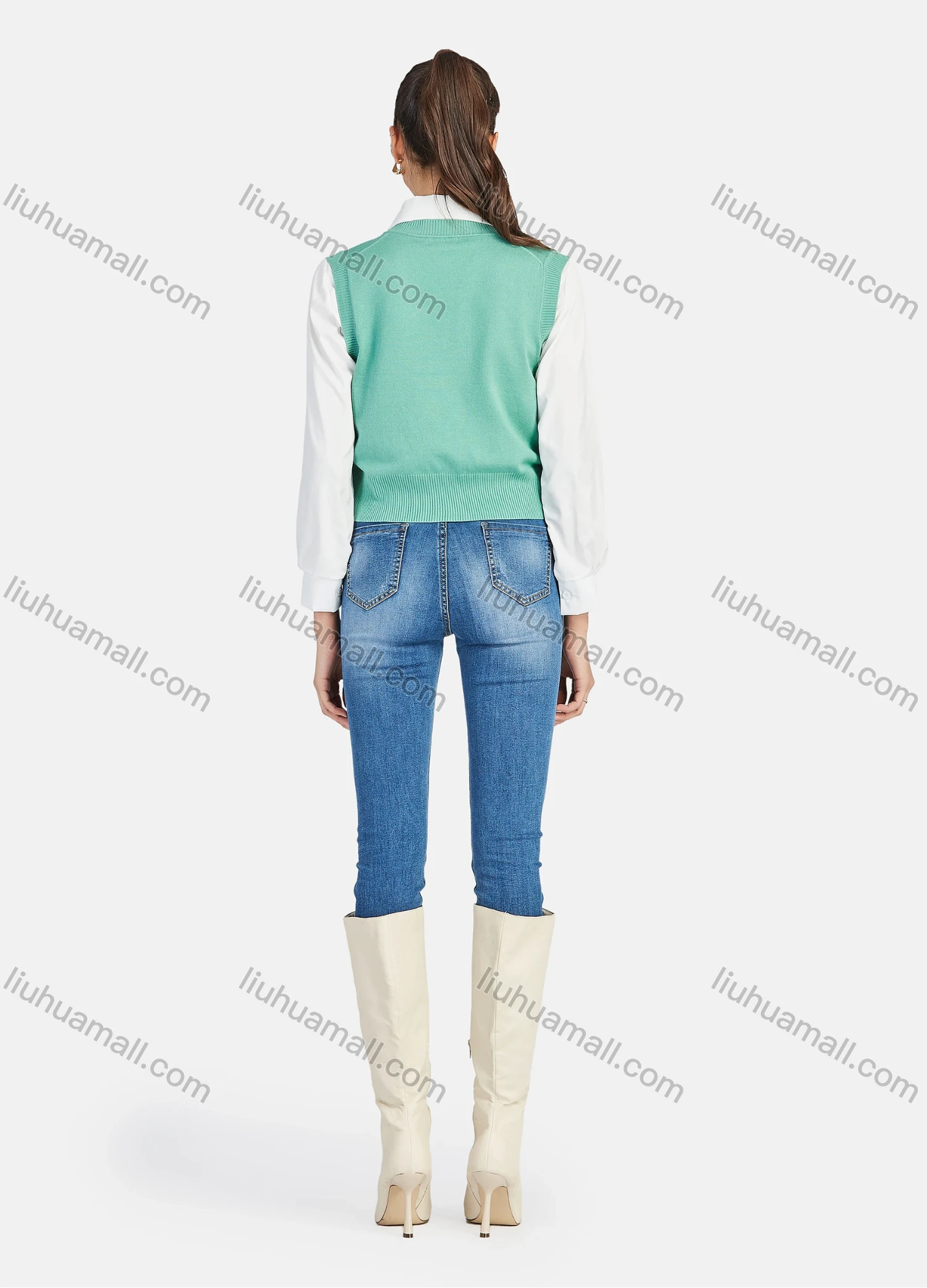 Wholesale Women's Casual V Neck Plain Knit Crop Sweater Vest 0988# - Liuhuamall