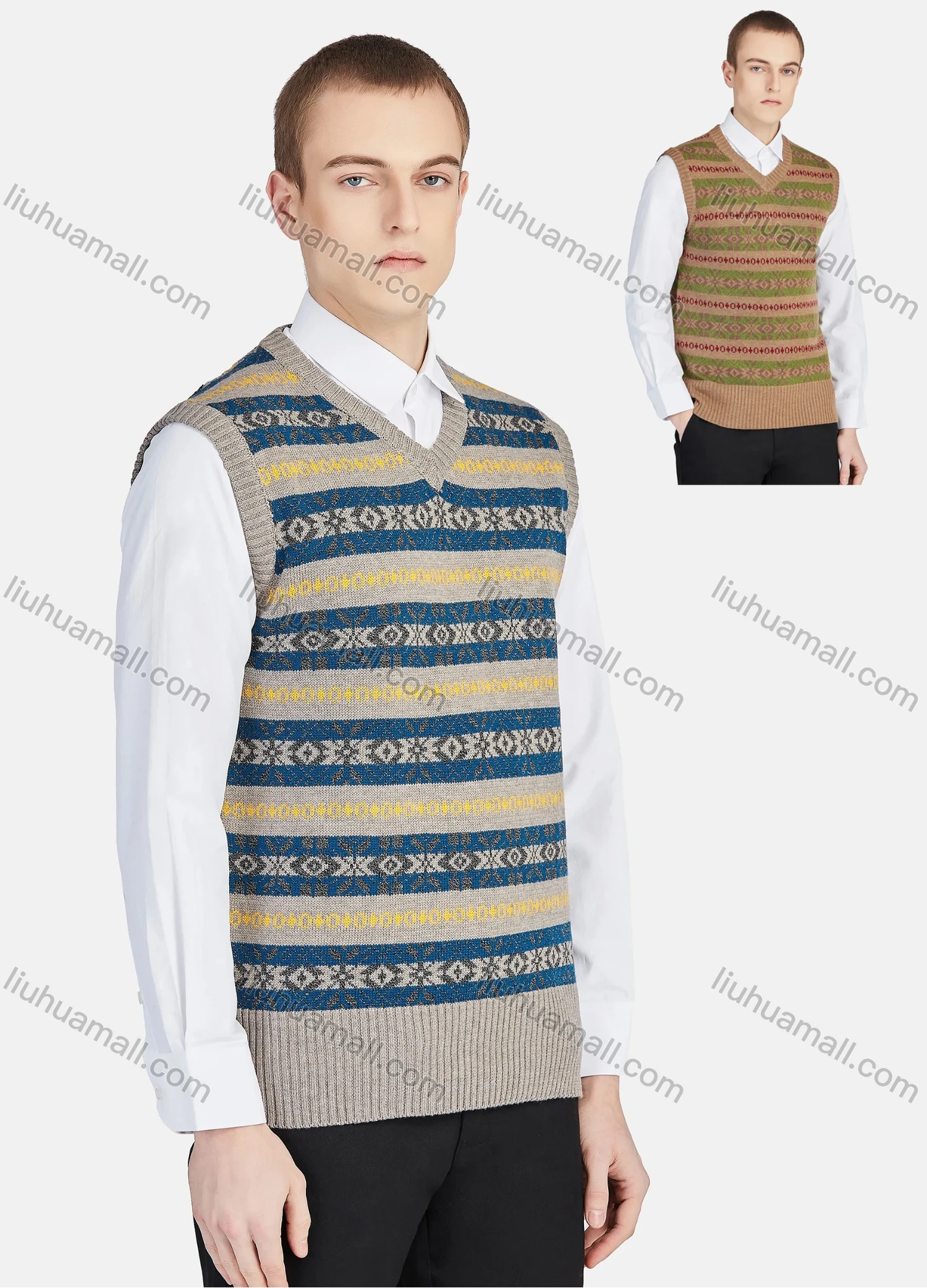 Wholesale Men's Casual V Neck Striped Folk Art Knit Sweater Vest 8330# - Liuhuamall