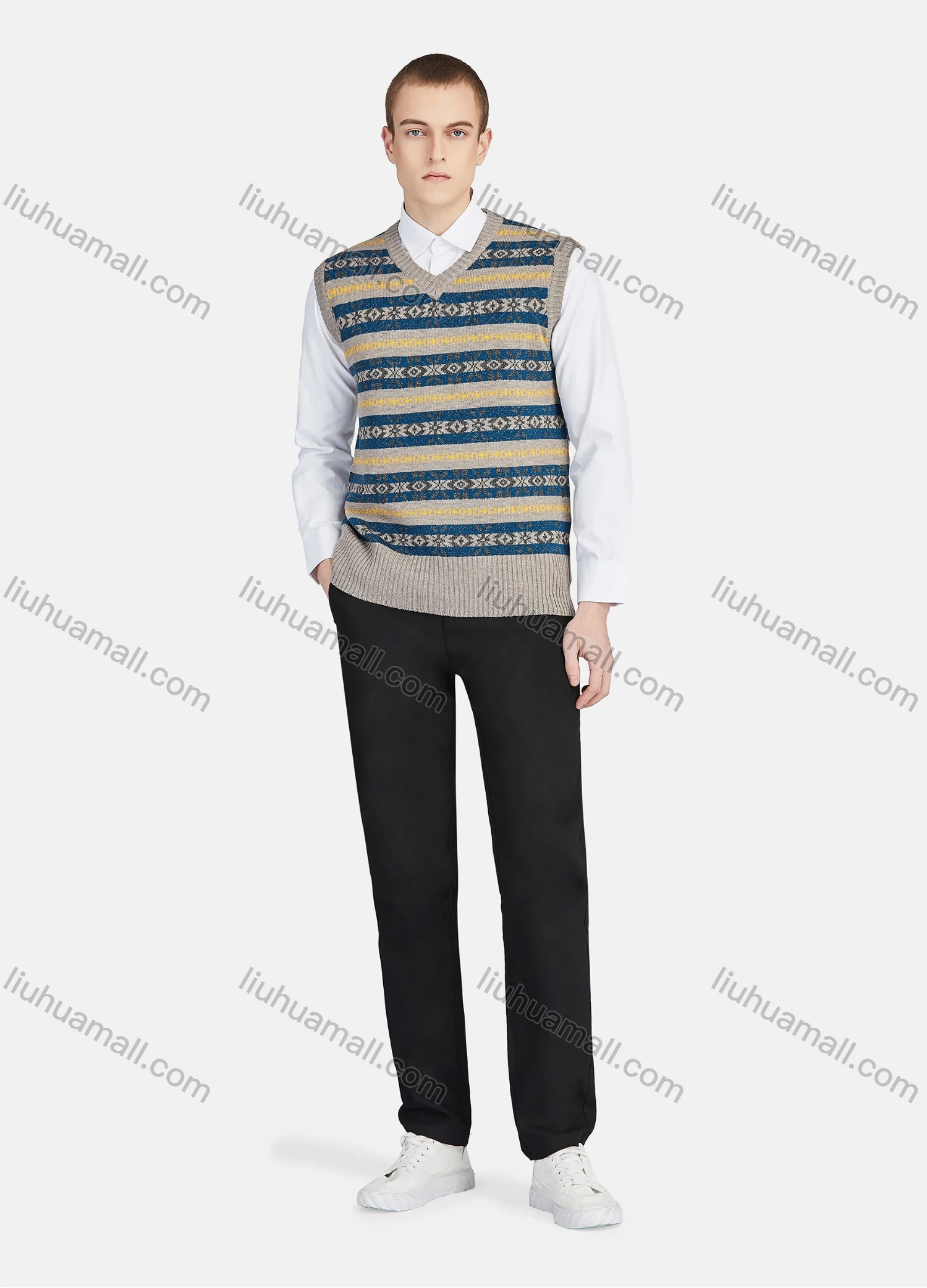 Wholesale Men's Casual V Neck Striped Folk Art Knit Sweater Vest 8330# - Liuhuamall