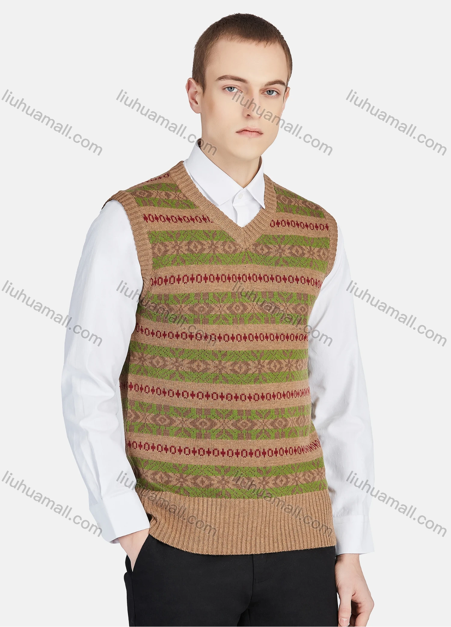 Wholesale Men's Casual V Neck Striped Folk Art Knit Sweater Vest 8330# - Liuhuamall