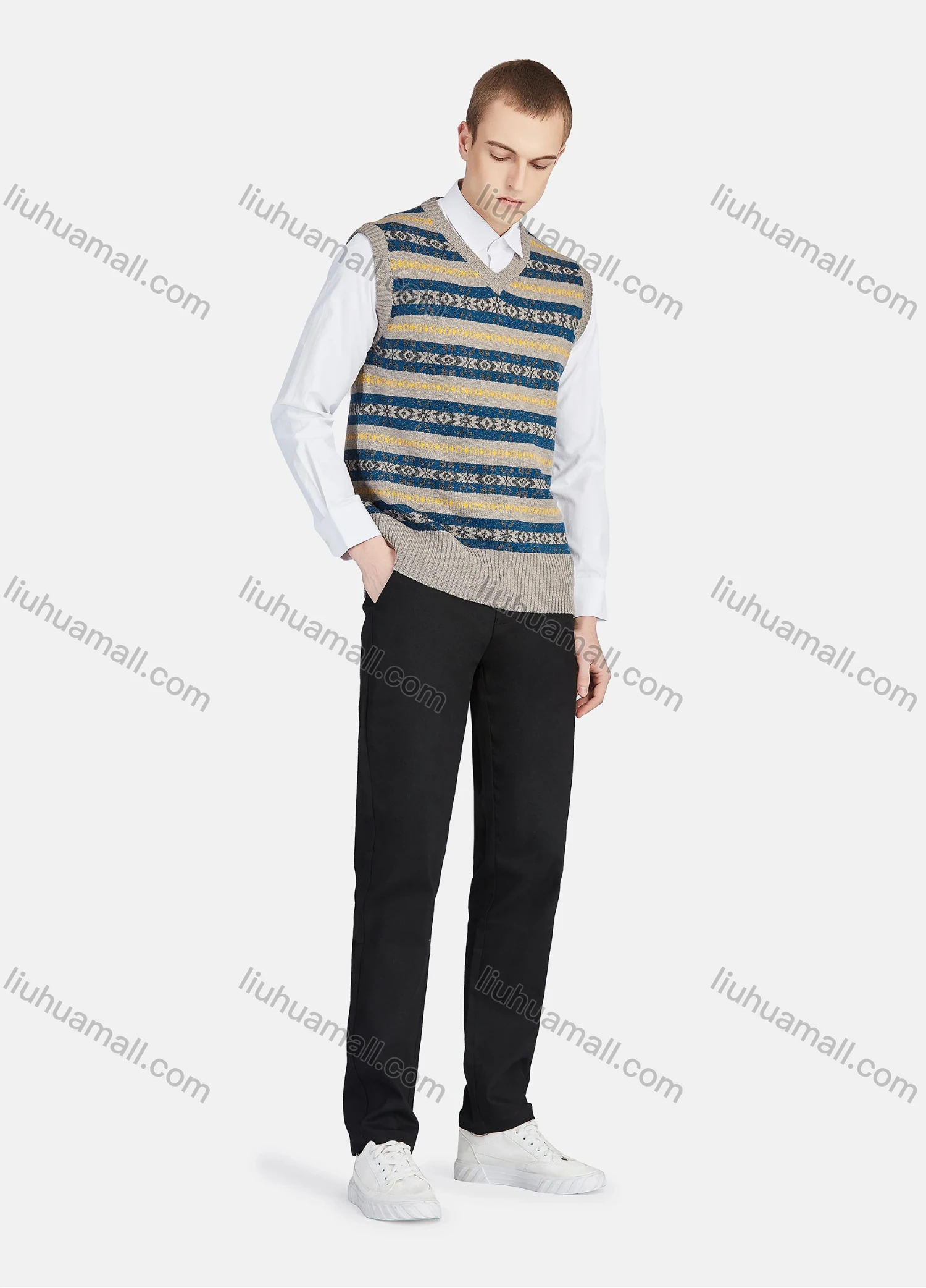 Wholesale Men's Casual V Neck Striped Folk Art Knit Sweater Vest 8330# - Liuhuamall