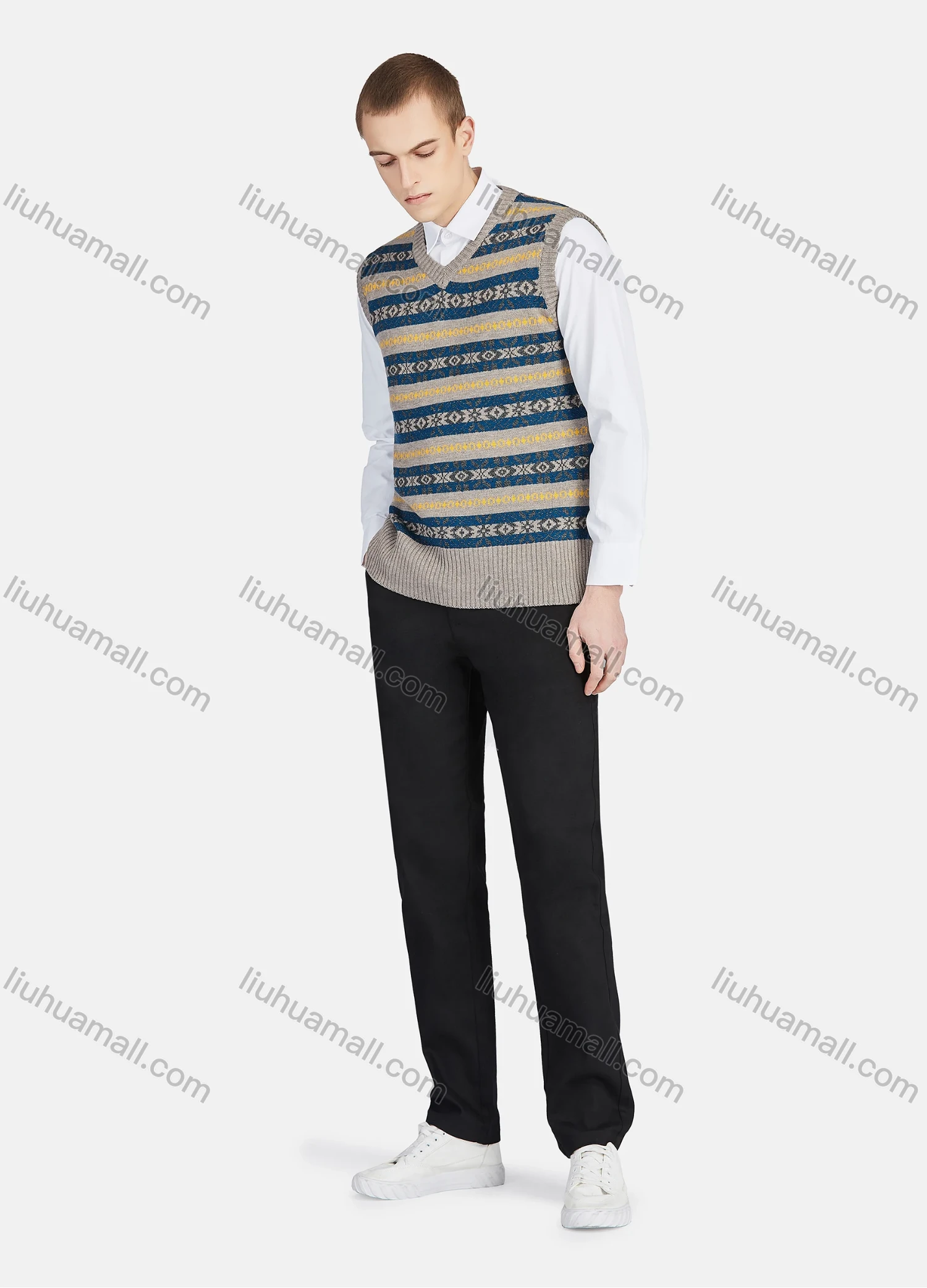 Wholesale Men's Casual V Neck Striped Folk Art Knit Sweater Vest 8330# - Liuhuamall