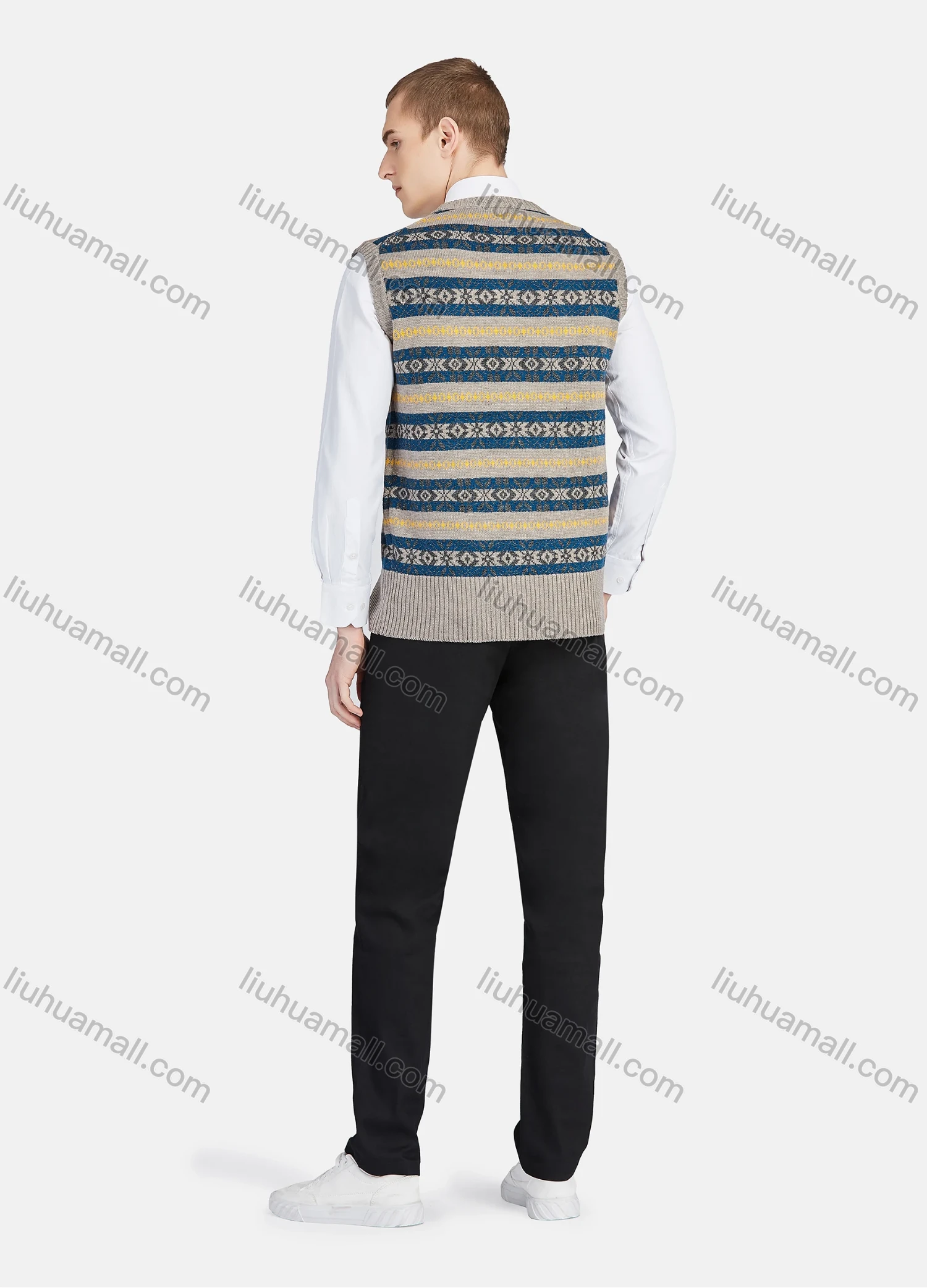 Wholesale Men's Casual V Neck Striped Folk Art Knit Sweater Vest 8330# - Liuhuamall