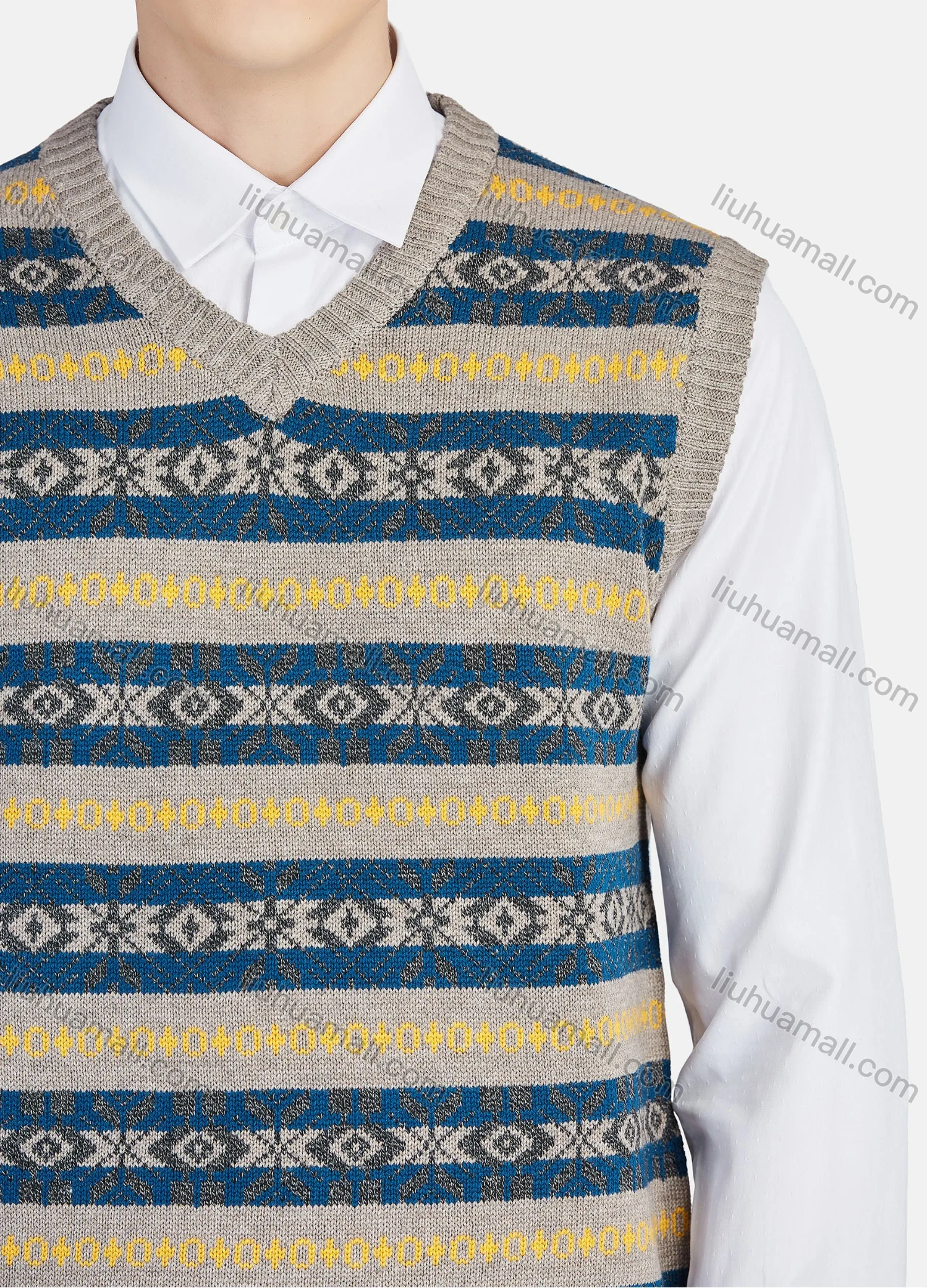 Wholesale Men's Casual V Neck Striped Folk Art Knit Sweater Vest 8330# - Liuhuamall