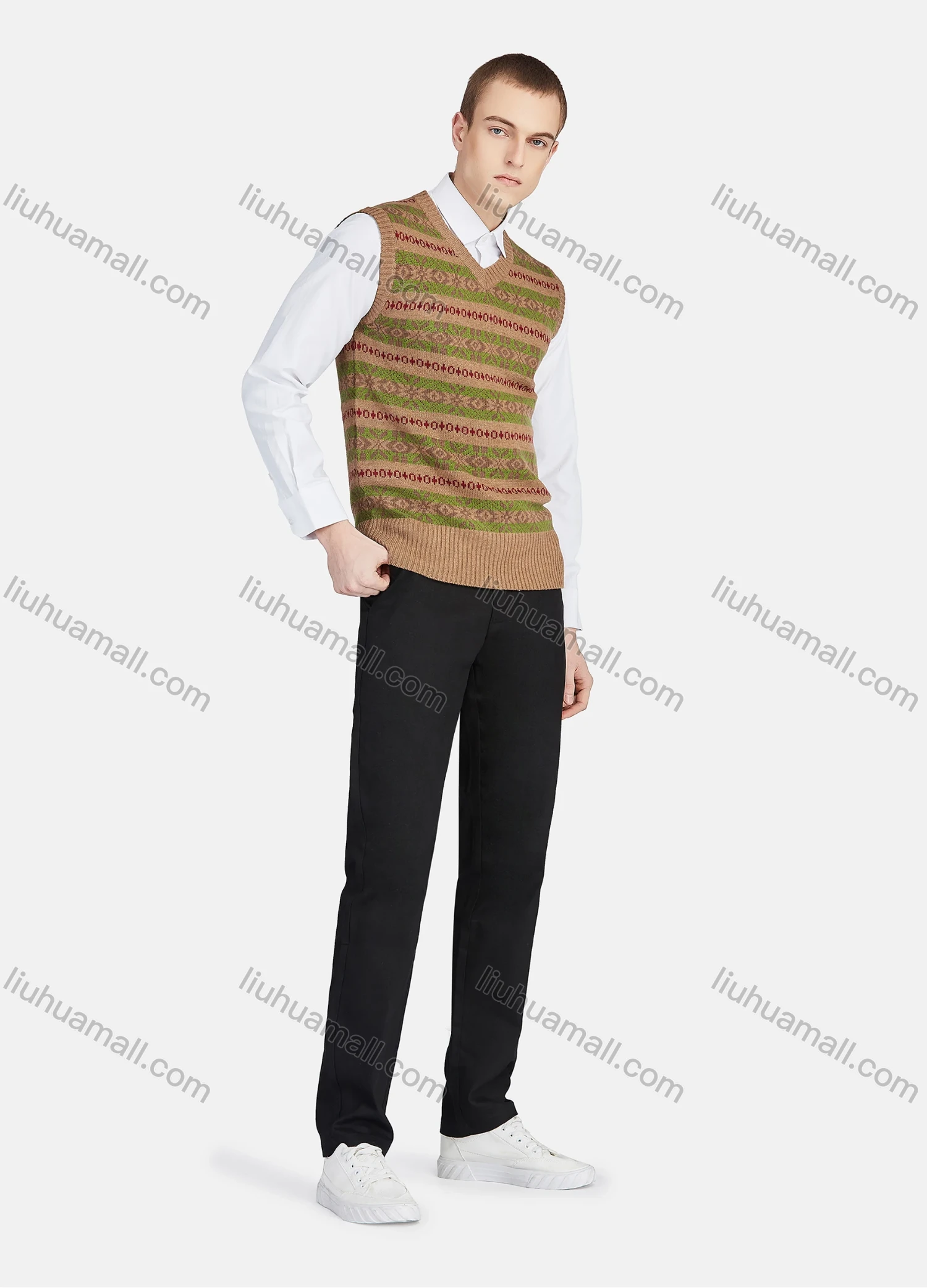 Wholesale Men's Casual V Neck Striped Folk Art Knit Sweater Vest 8330# - Liuhuamall