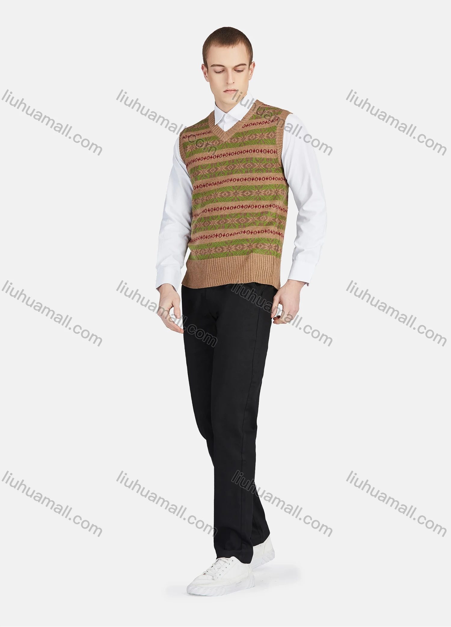 Wholesale Men's Casual V Neck Striped Folk Art Knit Sweater Vest 8330# - Liuhuamall
