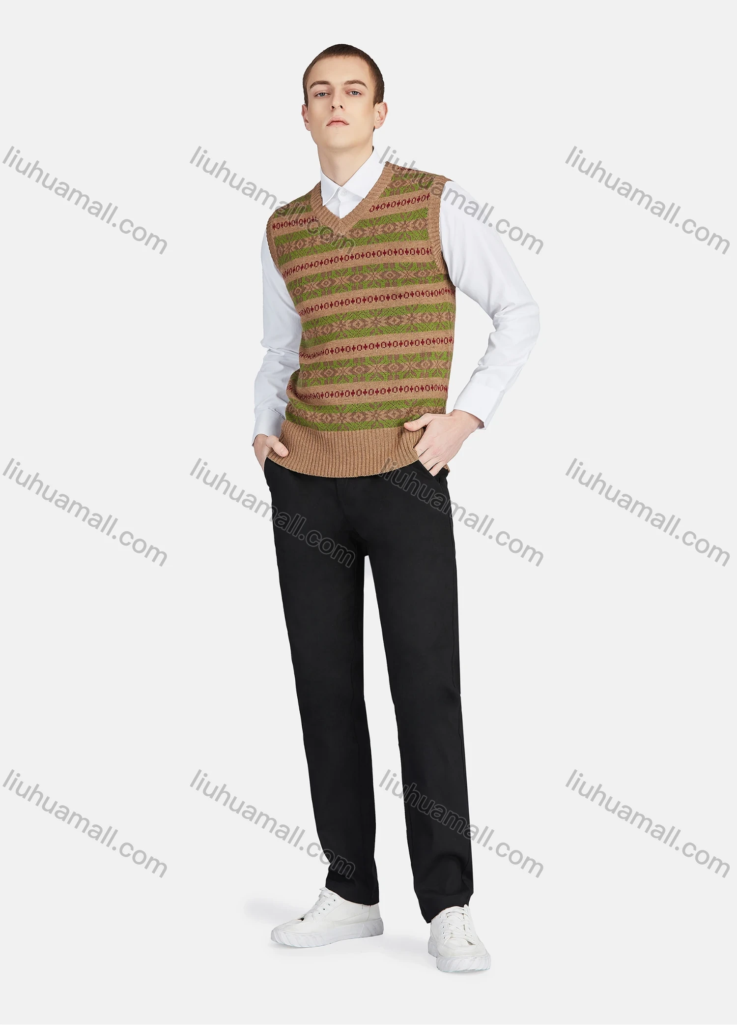 Wholesale Men's Casual V Neck Striped Folk Art Knit Sweater Vest 8330# - Liuhuamall