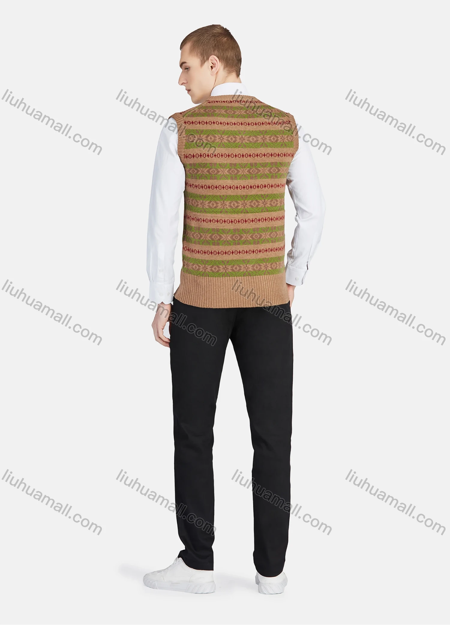 Wholesale Men's Casual V Neck Striped Folk Art Knit Sweater Vest 8330# - Liuhuamall