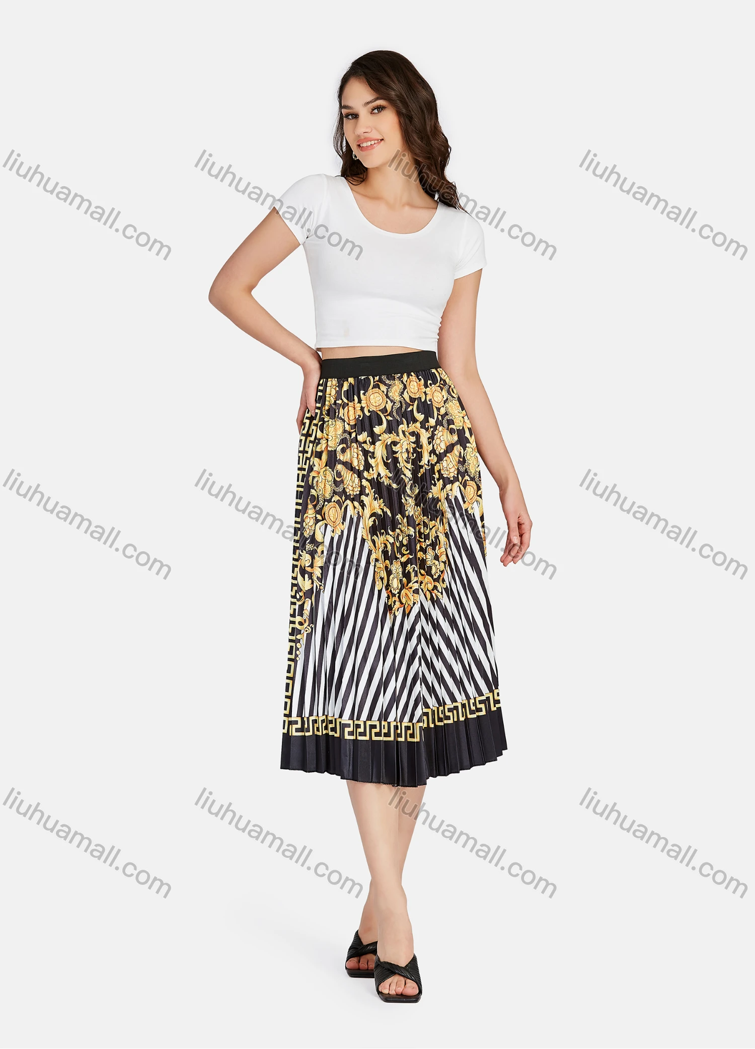 Wholesale Women's Elegant Baroque Print HIgh Waist Pleated Midi Skirts - Liuhuamall