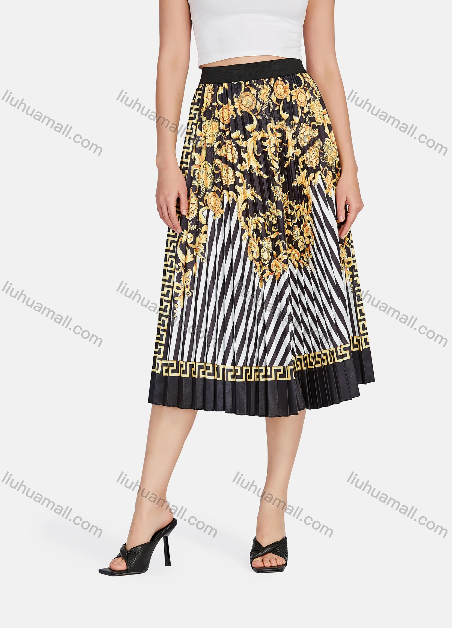 Wholesale Women's Elegant Baroque Print HIgh Waist Pleated Midi Skirts - Liuhuamall