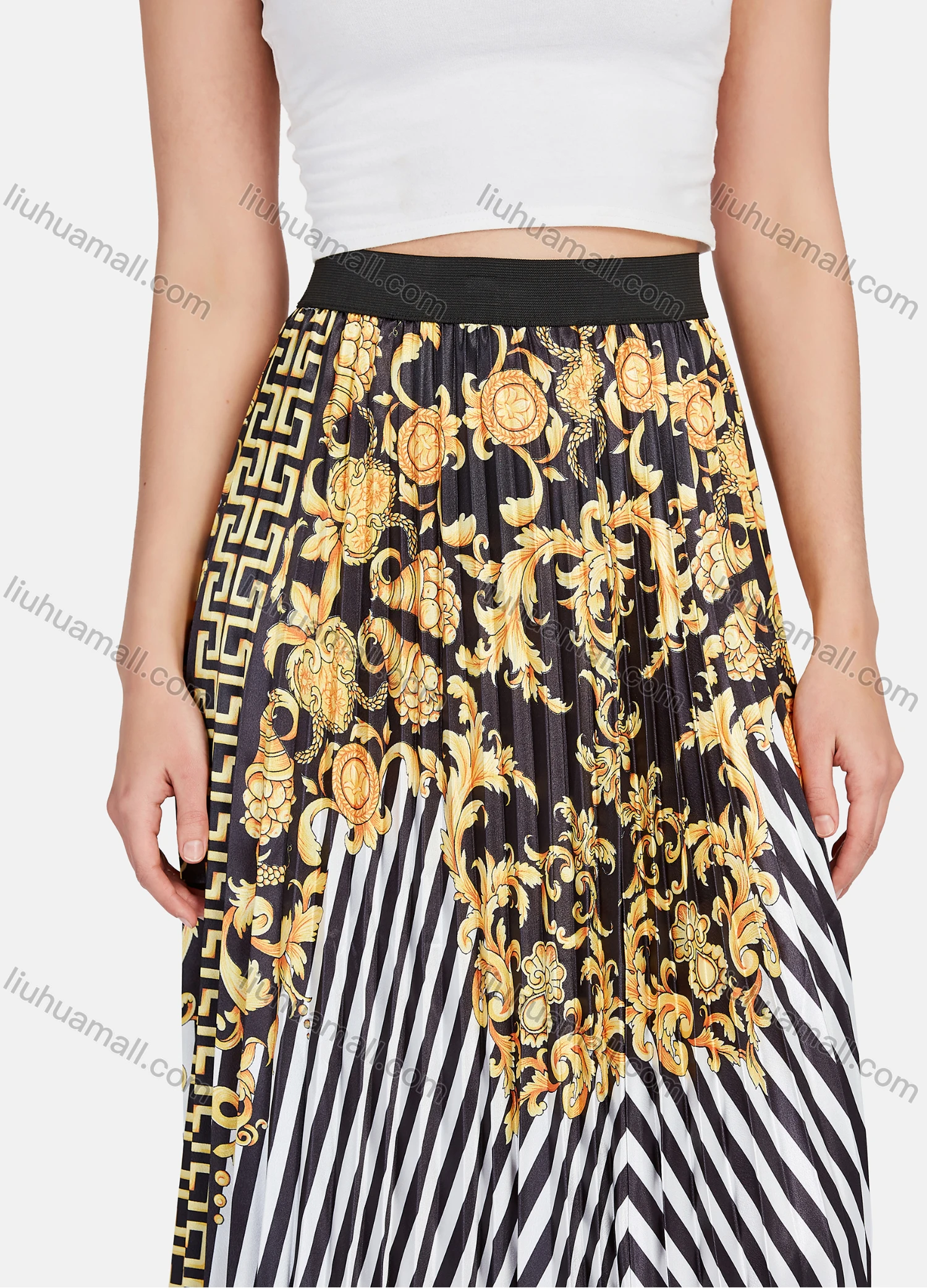 Wholesale Women's Elegant Baroque Print HIgh Waist Pleated Midi Skirts - Liuhuamall