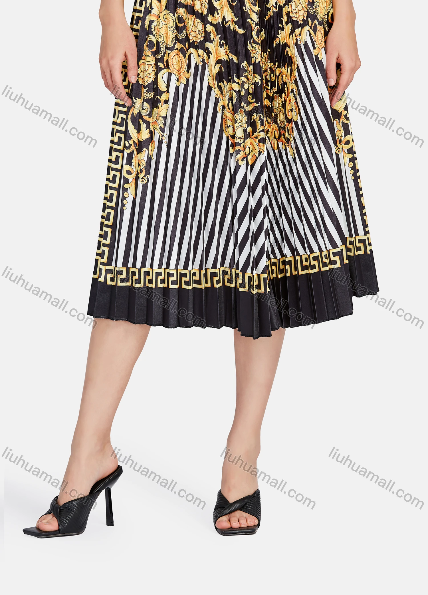 Wholesale Women's Elegant Baroque Print HIgh Waist Pleated Midi Skirts - Liuhuamall