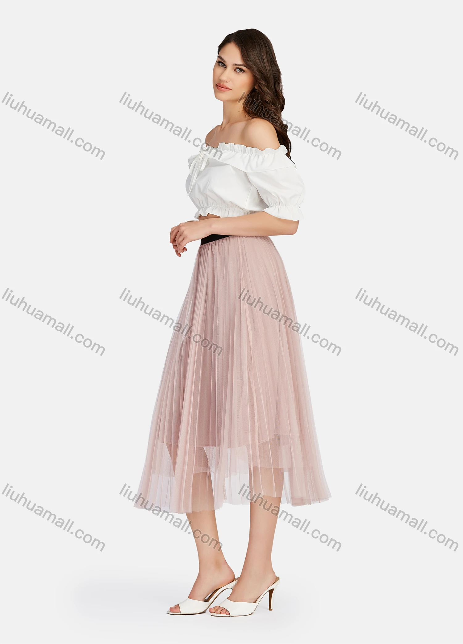 Wholesale Women's Casual Plain Mesh 2-in-1 HIgh Waist Pleated Midi Skirts - Liuhuamall