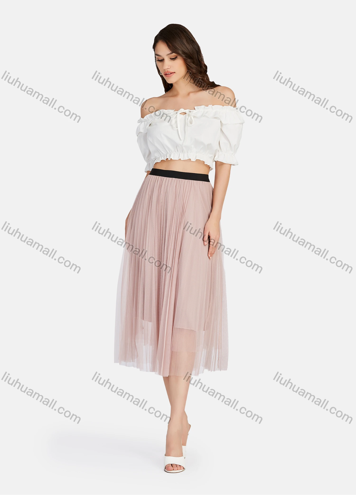 Wholesale Women's Casual Plain Mesh 2-in-1 HIgh Waist Pleated Midi Skirts - Liuhuamall