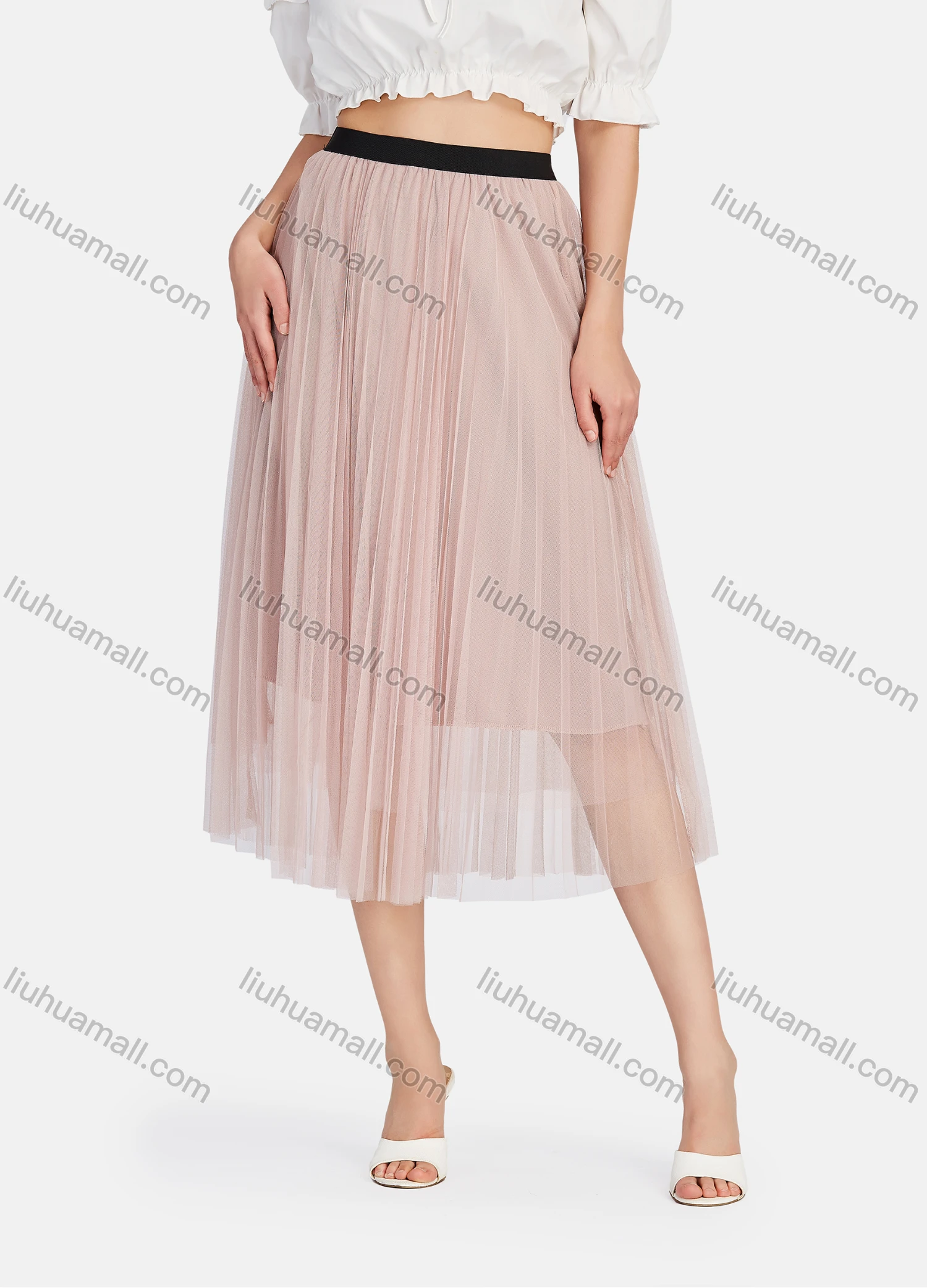 Wholesale Women's Casual Plain Mesh 2-in-1 HIgh Waist Pleated Midi Skirts - Liuhuamall