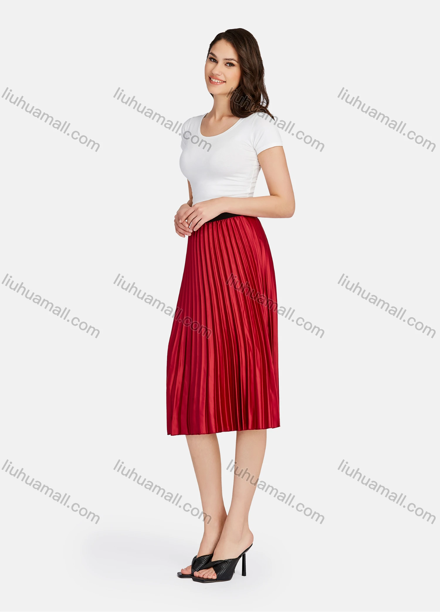 Wholesale Women's Elegant Plain HIgh Waist Pleated Midi Skirts - Liuhuamall