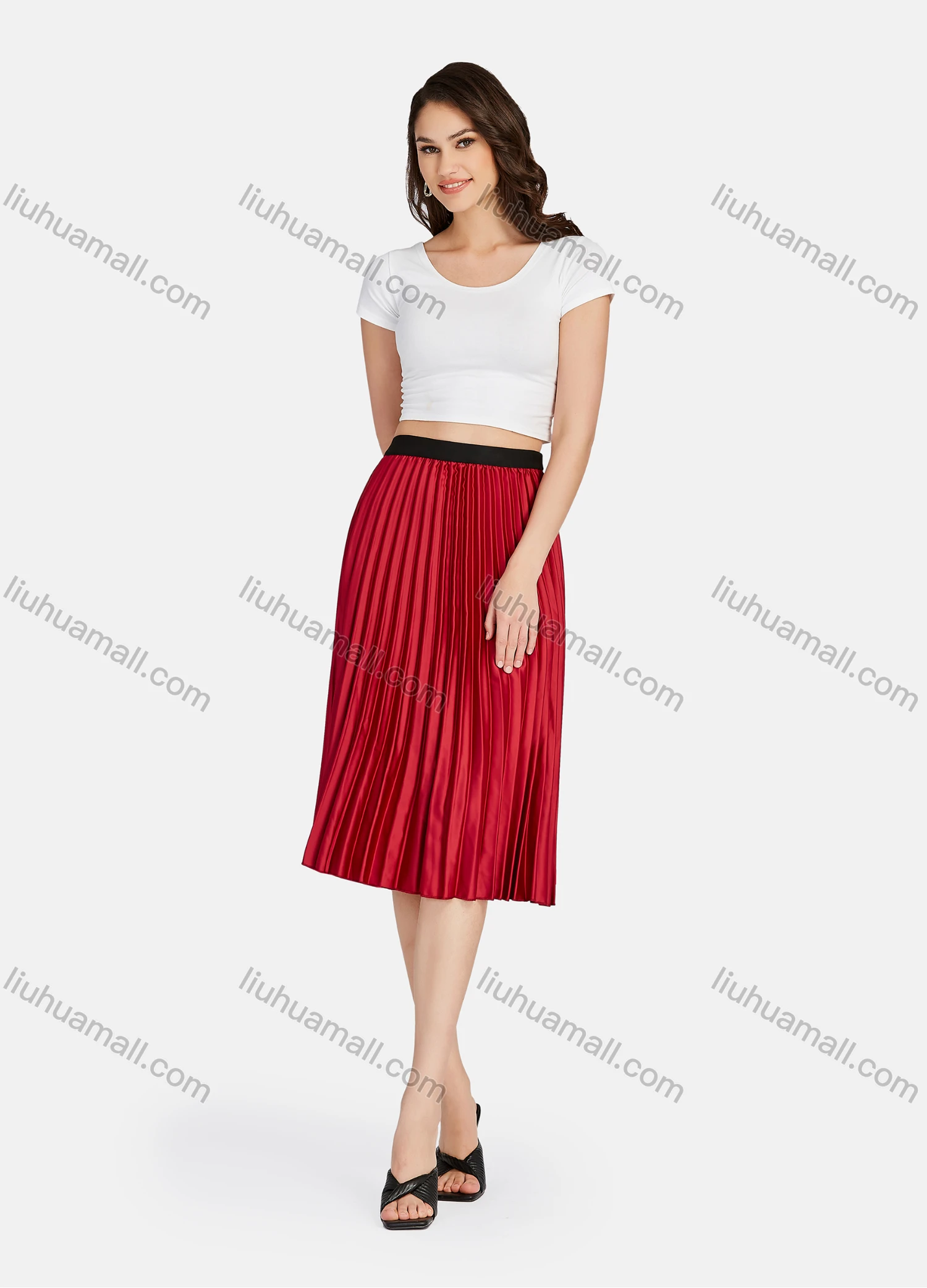 Wholesale Women's Elegant Plain HIgh Waist Pleated Midi Skirts - Liuhuamall