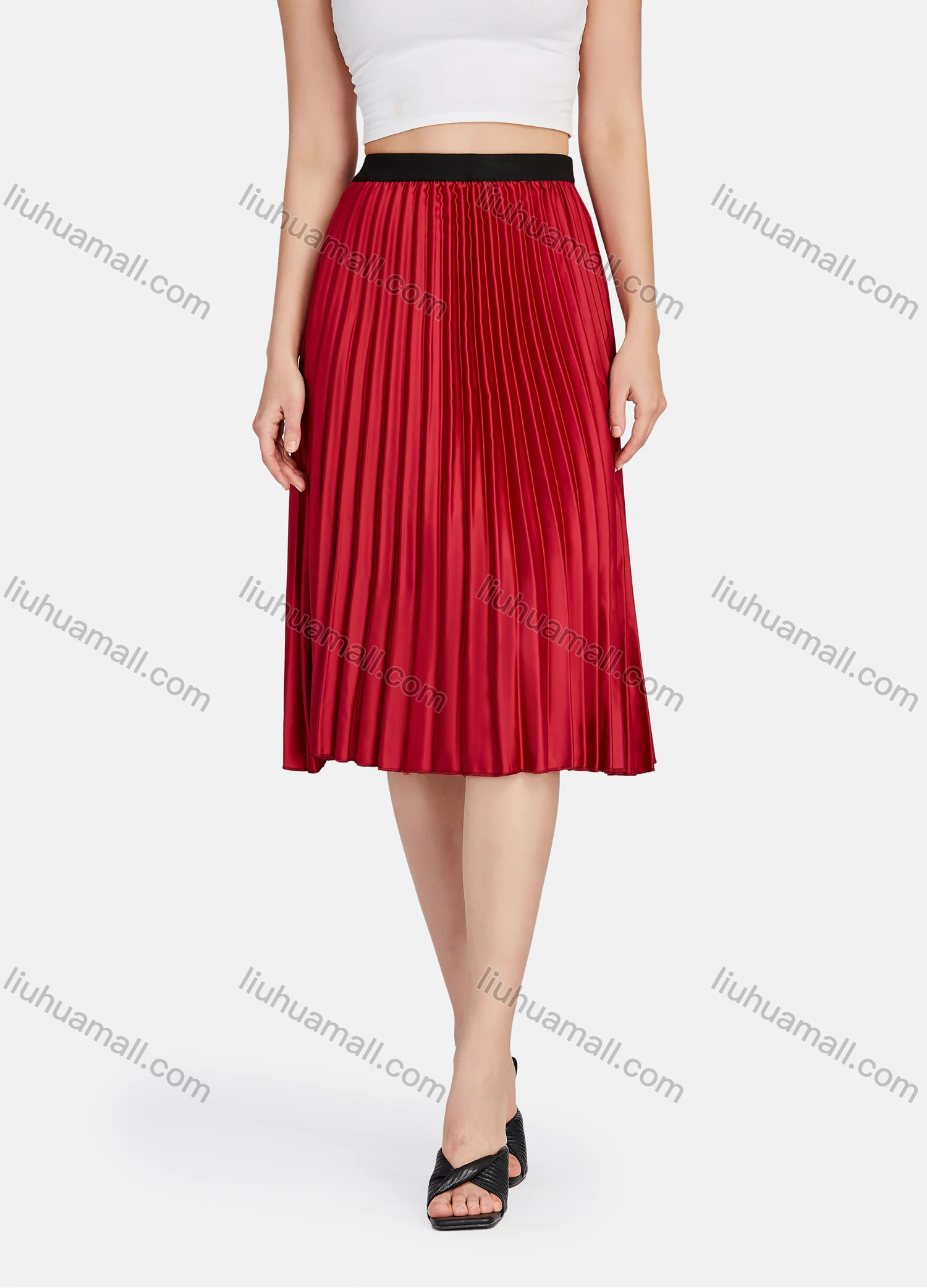 Wholesale Women's Elegant Plain HIgh Waist Pleated Midi Skirts - Liuhuamall