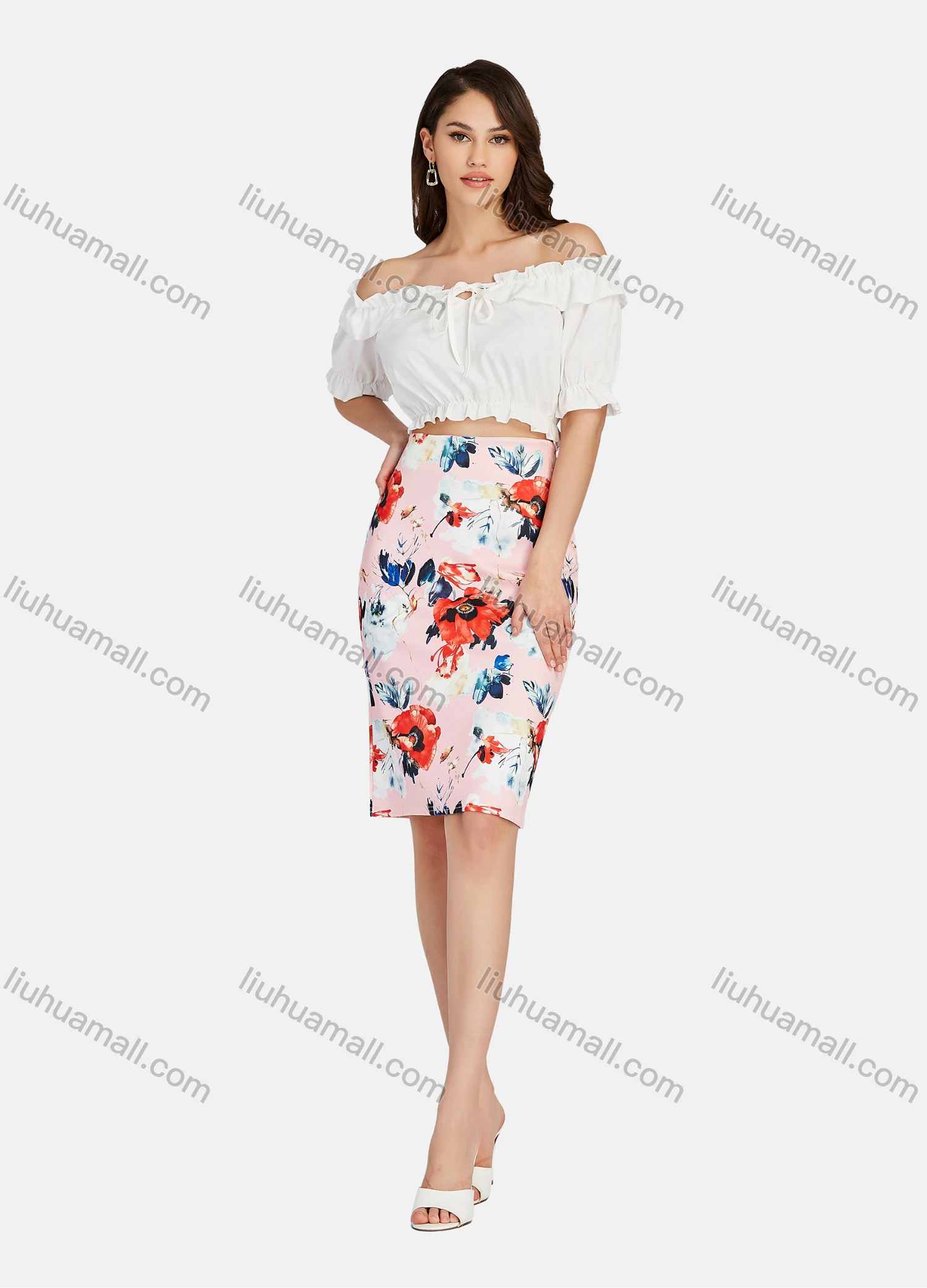 Wholesale Women's Elegant High Waist Floral Print Knee Length Skirts - Liuhuamall