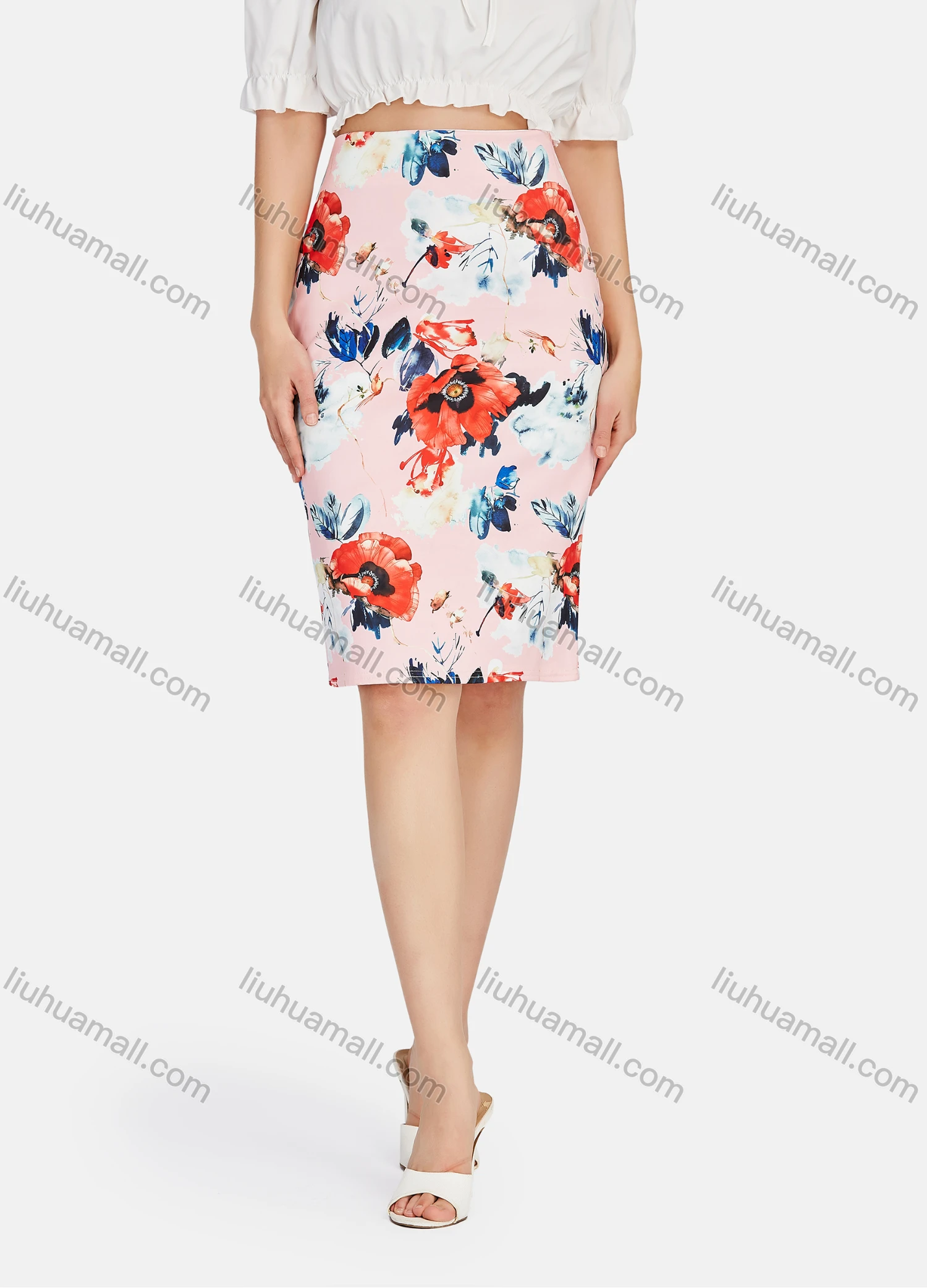 Wholesale Women's Elegant High Waist Floral Print Knee Length Skirts - Liuhuamall