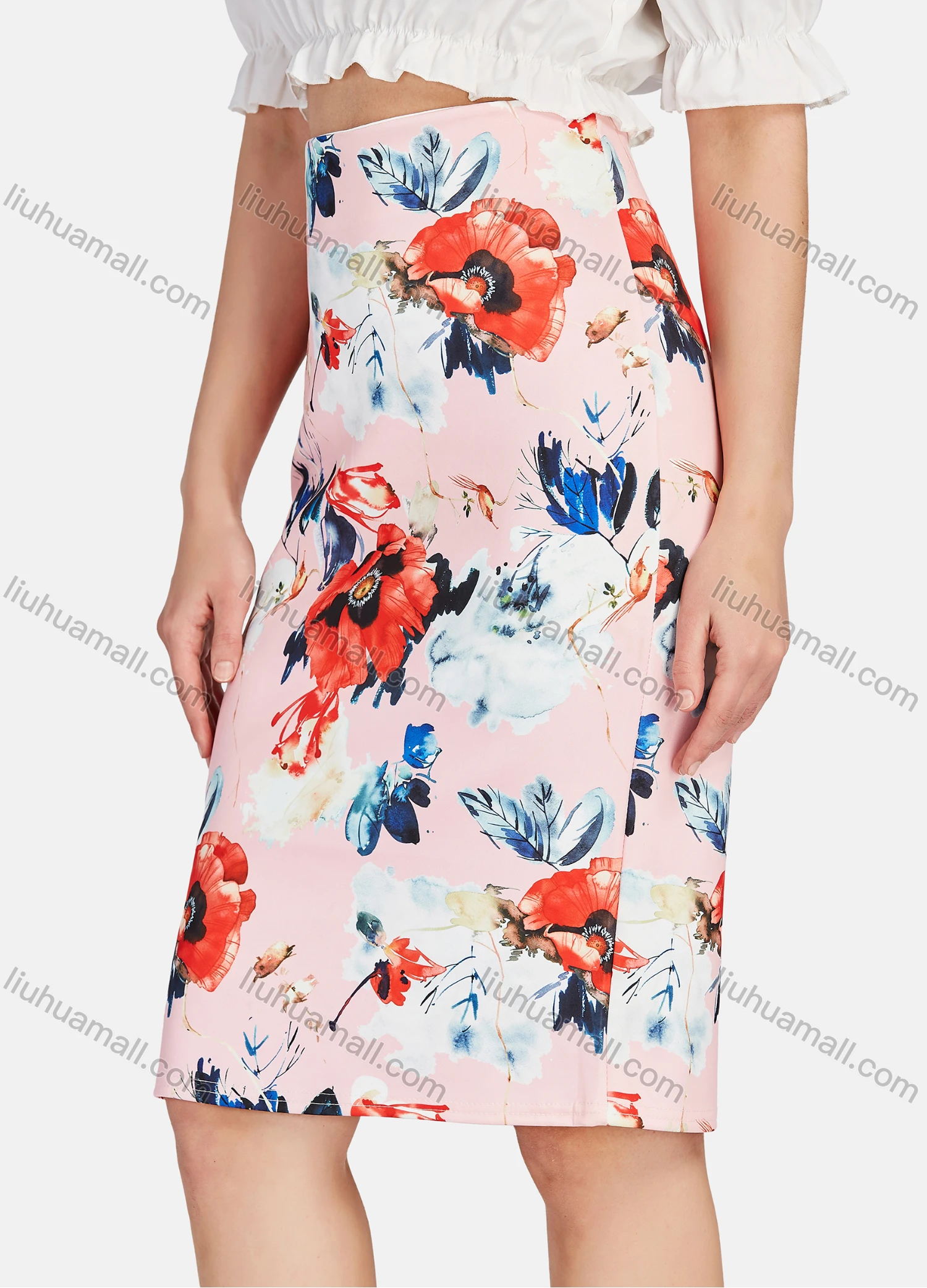 Wholesale Women's Elegant High Waist Floral Print Knee Length Skirts - Liuhuamall