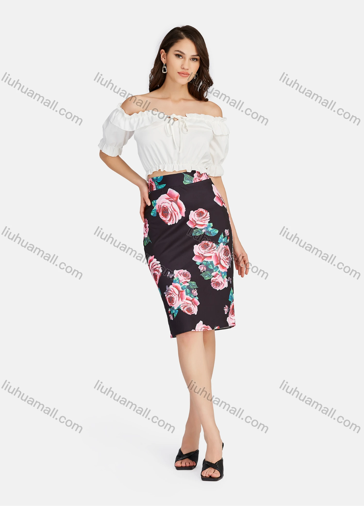Wholesale Women's Elegant High Waist Floral Print Knee Length Skirts - Liuhuamall