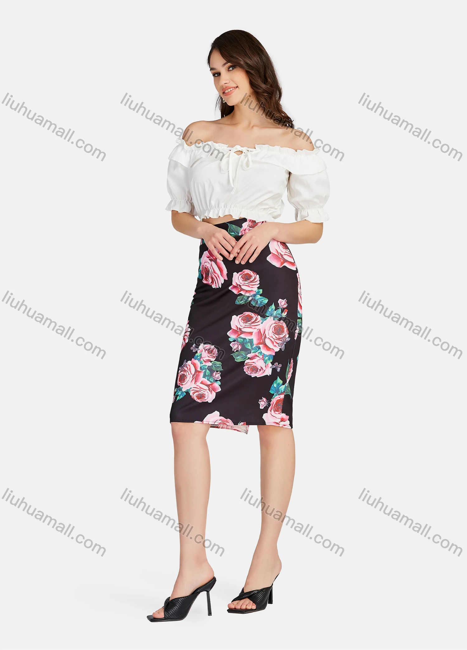 Wholesale Women's Elegant High Waist Floral Print Knee Length Skirts - Liuhuamall