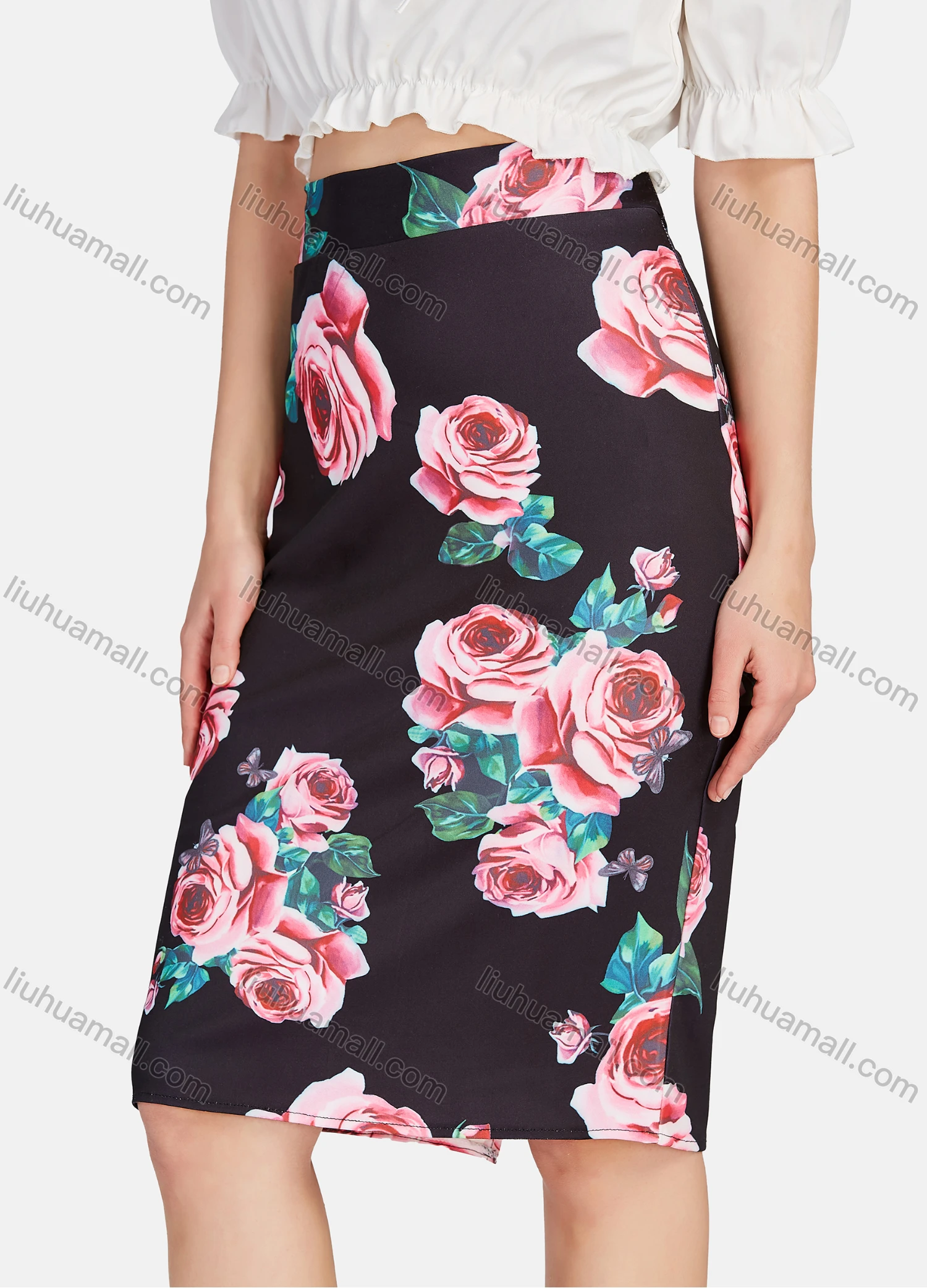 Wholesale Women's Elegant High Waist Floral Print Knee Length Skirts - Liuhuamall