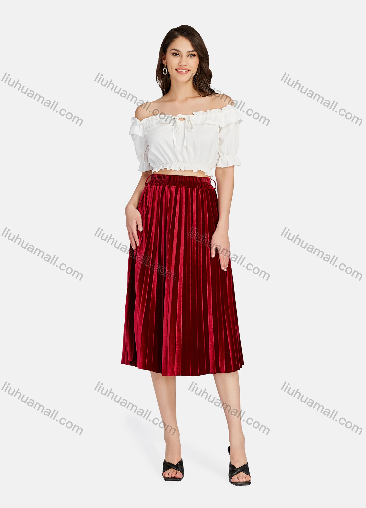 Wholesale Women's Elegant Plain HIgh Waist Pleated Midi Skirts - Liuhuamall