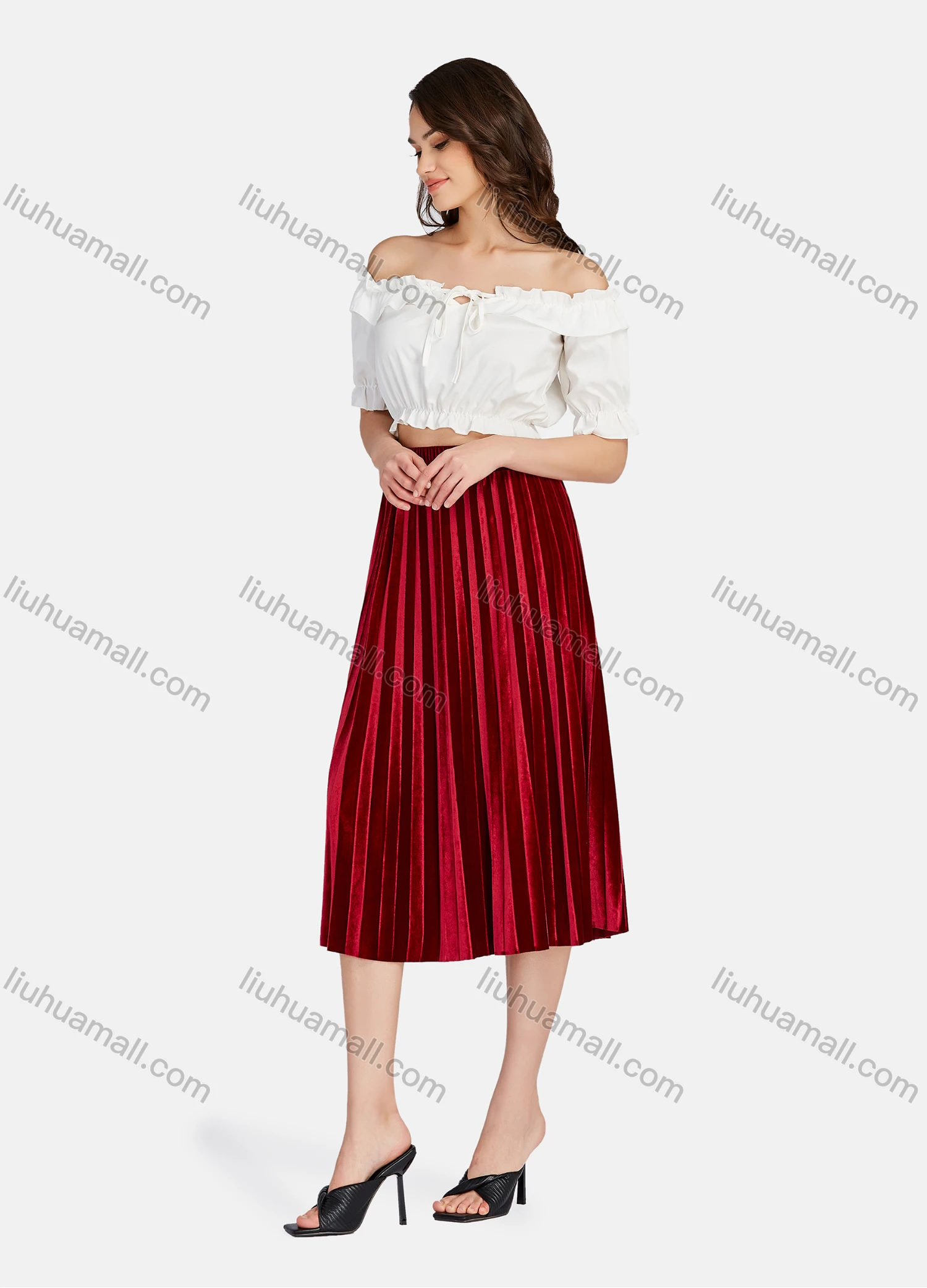 Wholesale Women's Elegant Plain HIgh Waist Pleated Midi Skirts - Liuhuamall