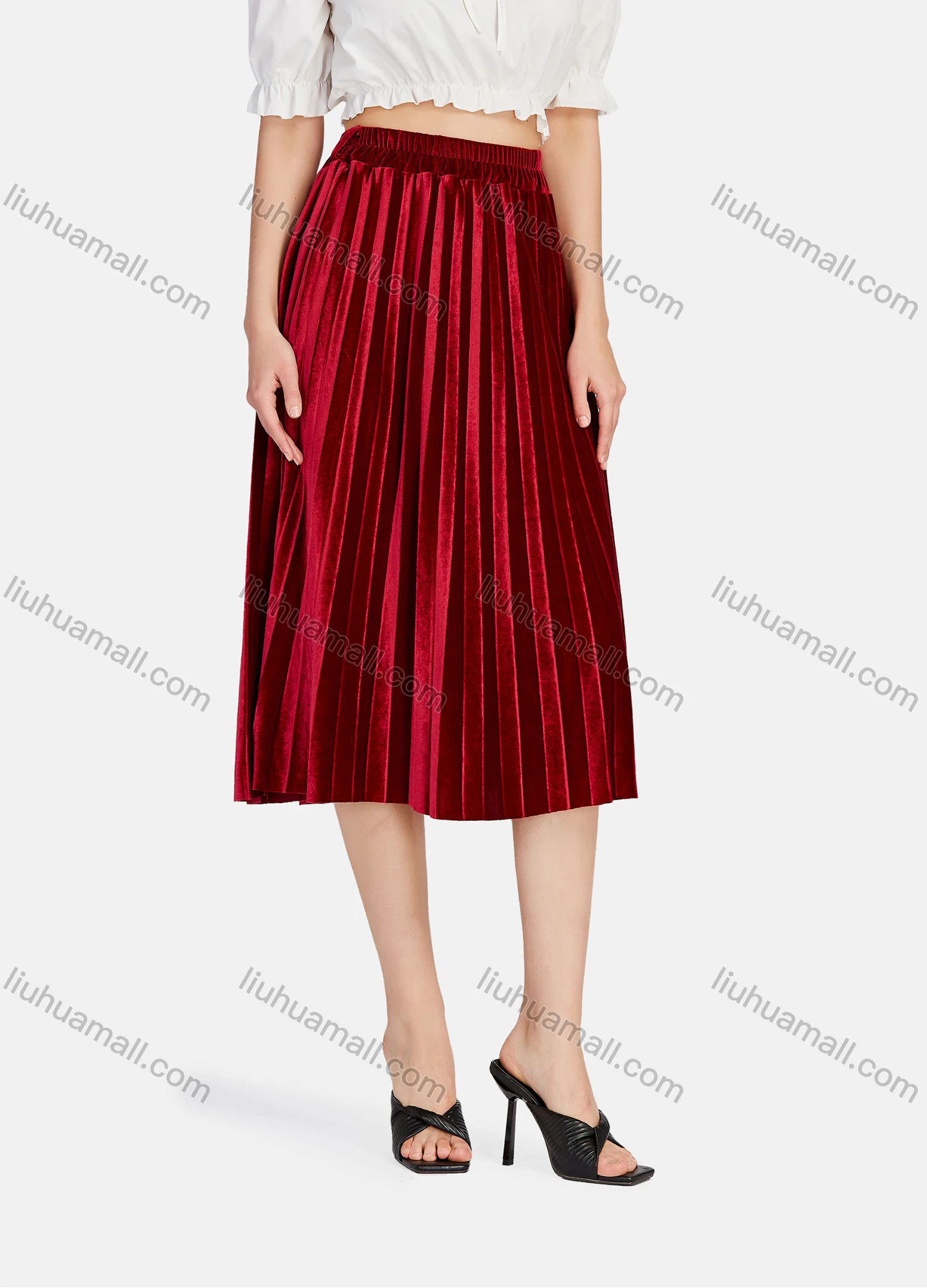 Wholesale Women's Elegant Plain HIgh Waist Pleated Midi Skirts - Liuhuamall