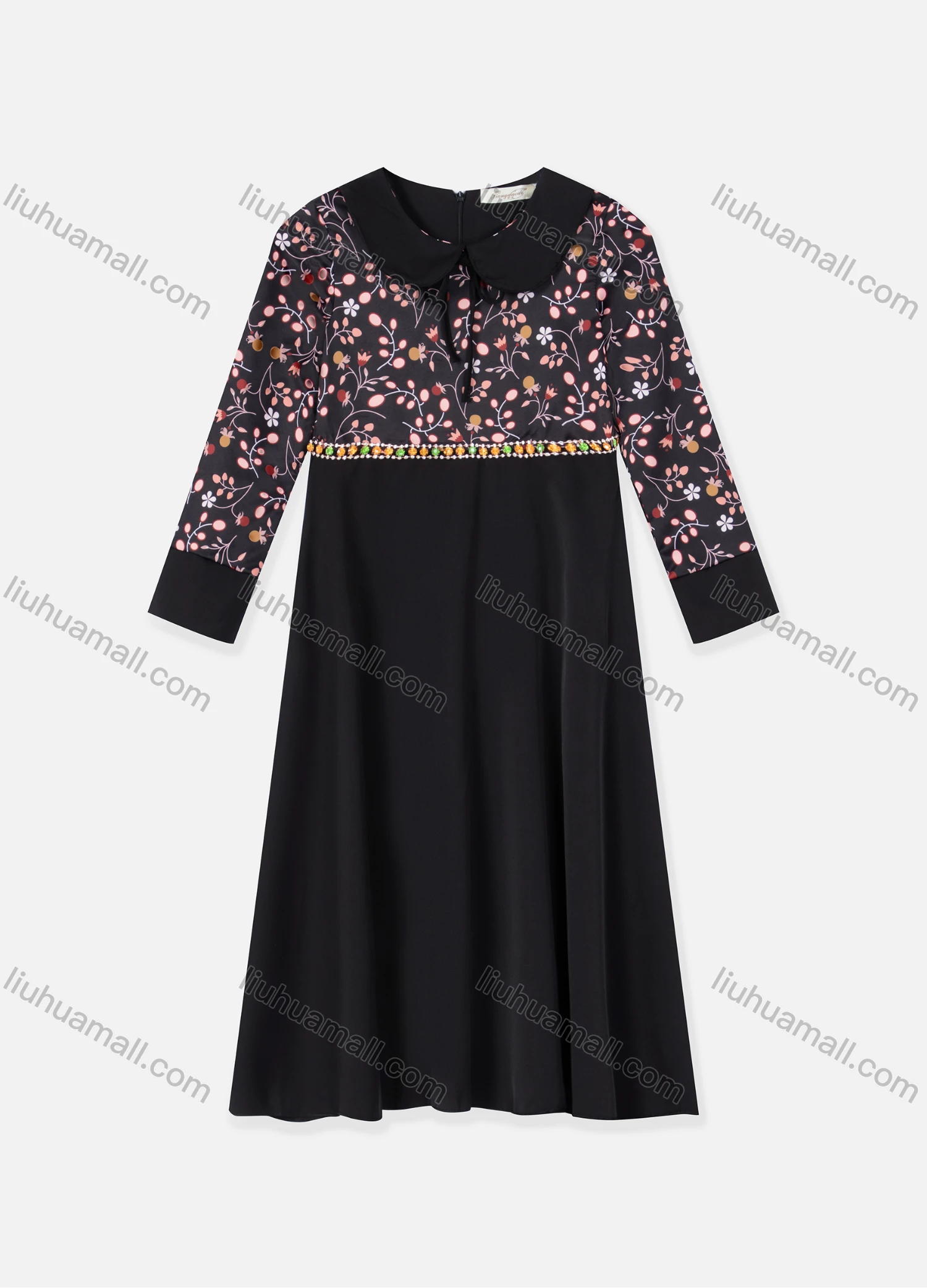 Wholesale Girls Floral Print Tie Neck Long Sleeve High Waist Ruffle Hem Maxi Dress - Liuhuamall