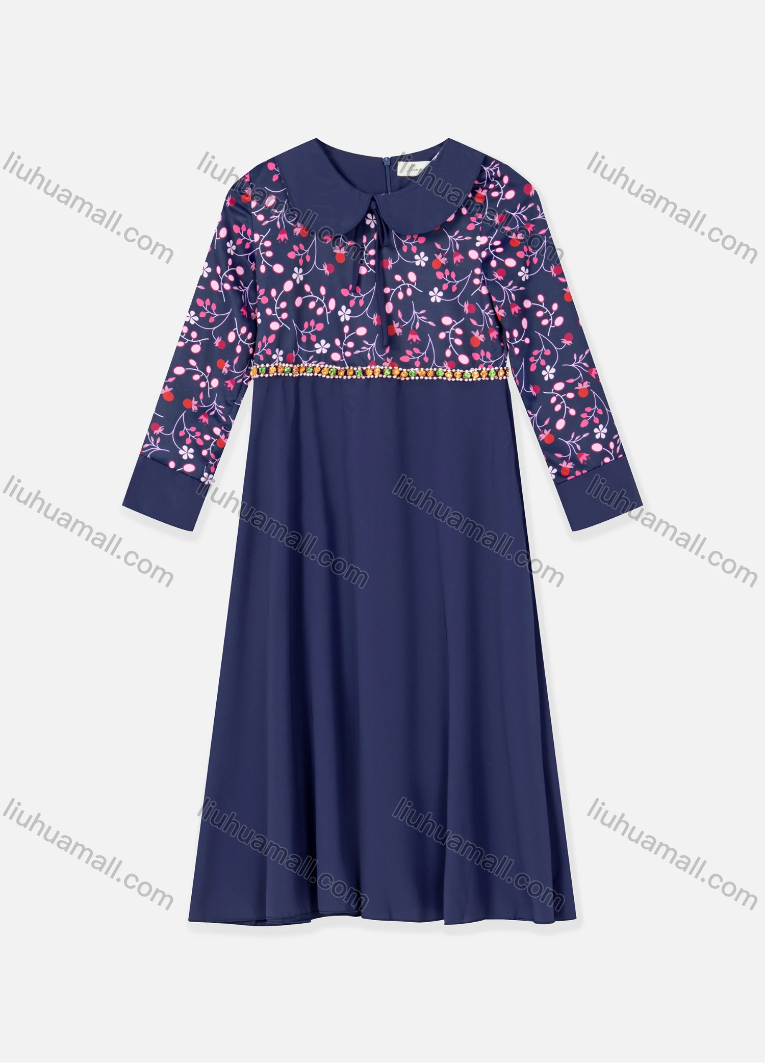 Wholesale Girls Floral Print Tie Neck Long Sleeve High Waist Ruffle Hem Maxi Dress - Liuhuamall