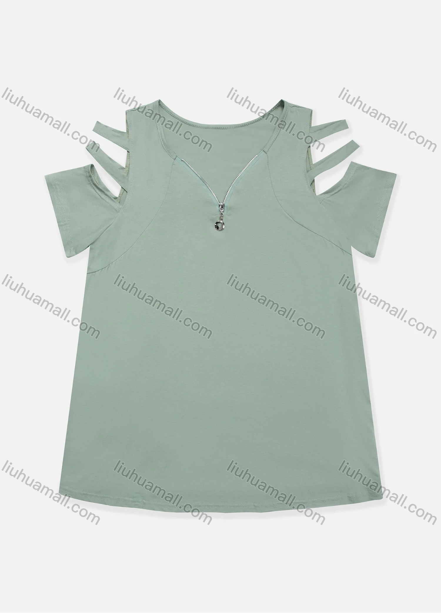 Wholesale Women's Casual Plain Quarter Zip Cold Shoulder Short Sleeve Blouse - Liuhuamall