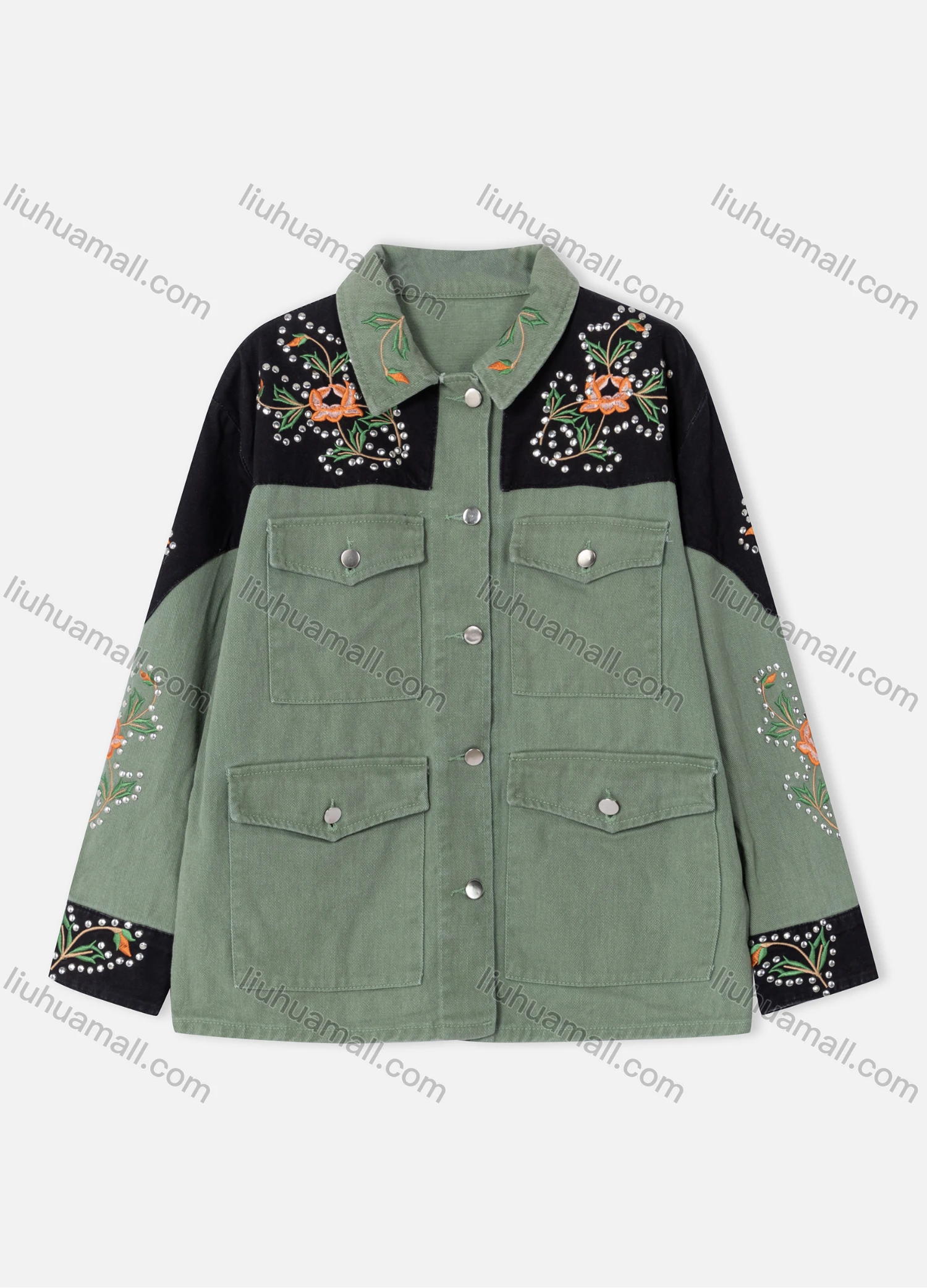 Wholesale Women's Casual Button Down Floral Embroidery Rhinestone Flap Pockets Long Sleeve Jacket B001# - Liuhuamall