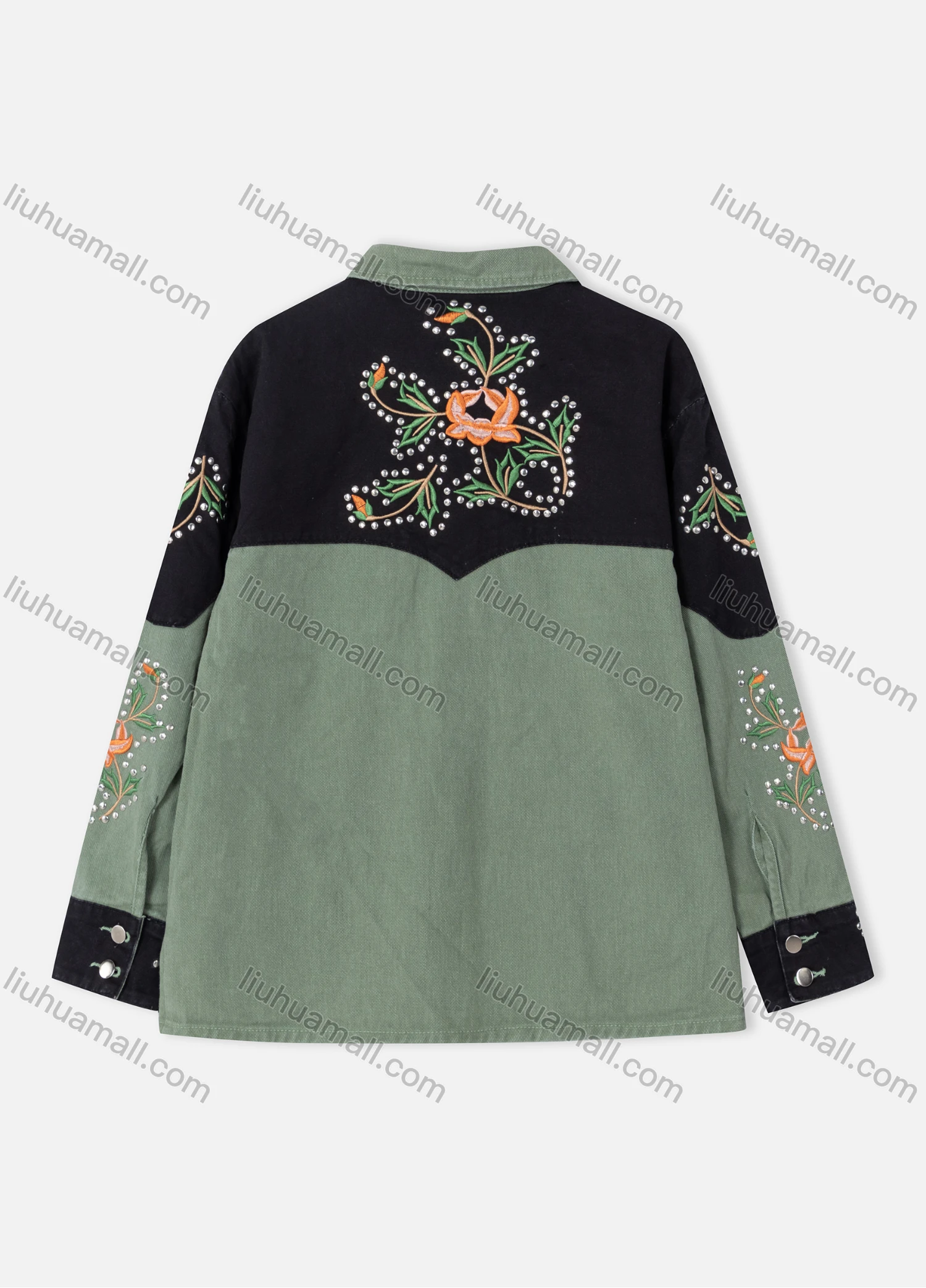 Wholesale Women's Casual Button Down Floral Embroidery Rhinestone Flap Pockets Long Sleeve Jacket B001# - Liuhuamall