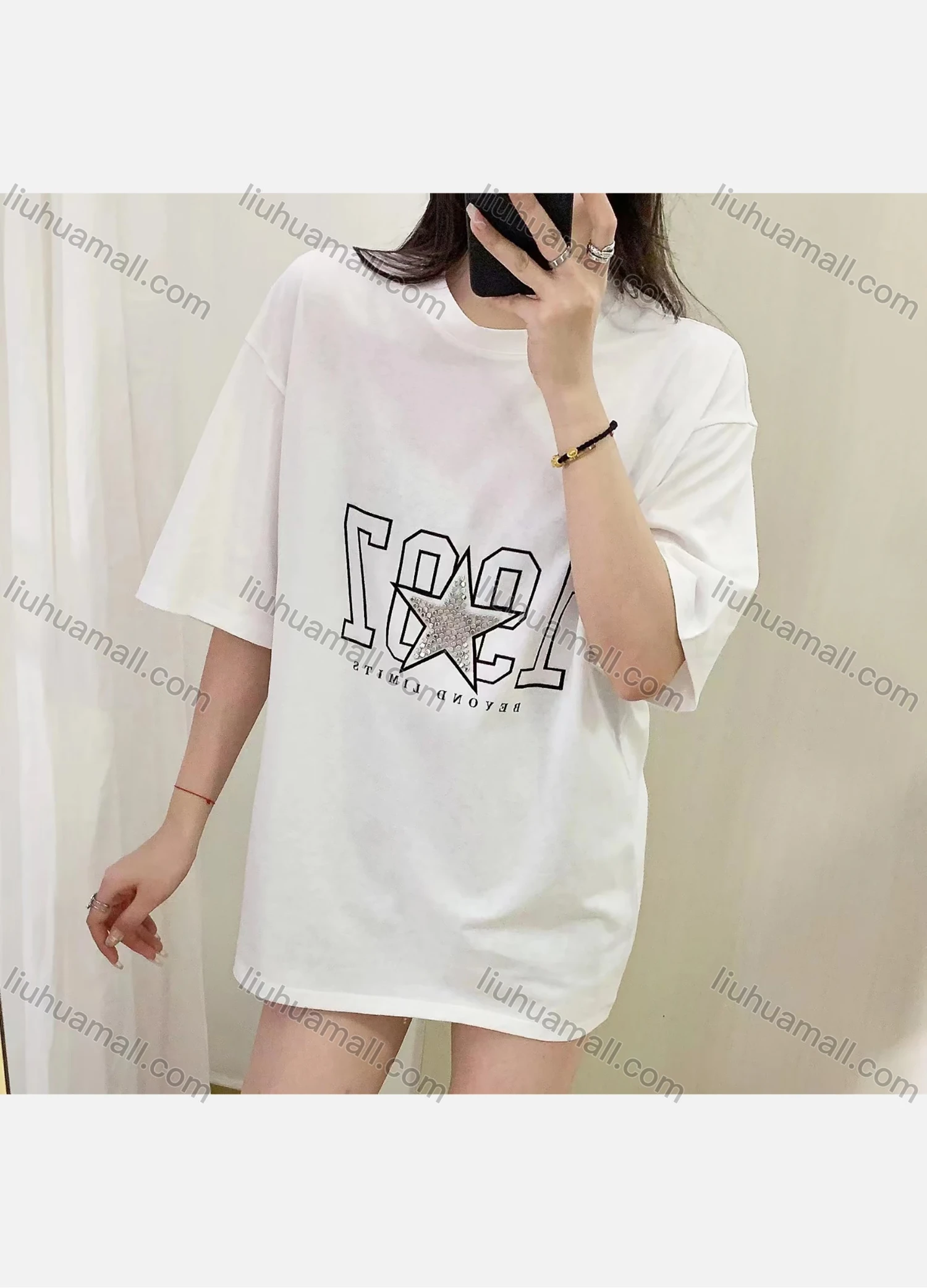 Wholesale Women's Casual Round Neck Half Sleeve Rhinestone Appliques Tee 2Y112# - Liuhuamall