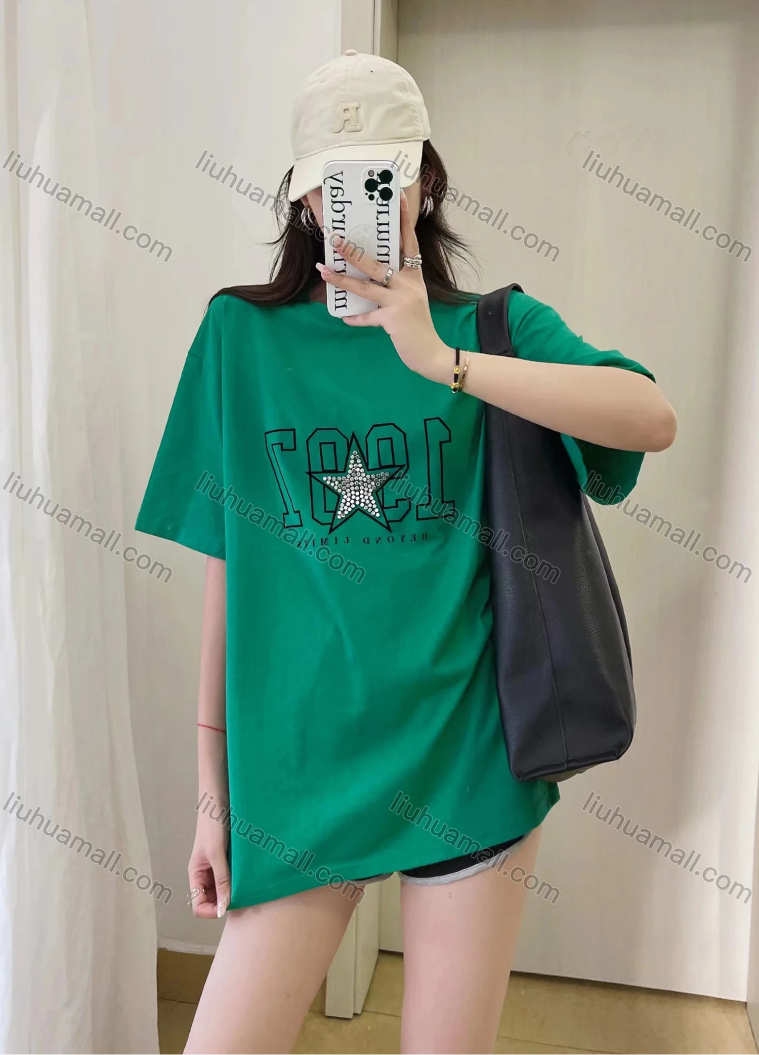 Wholesale Women's Casual Round Neck Half Sleeve Rhinestone Appliques Tee 2Y112# - Liuhuamall