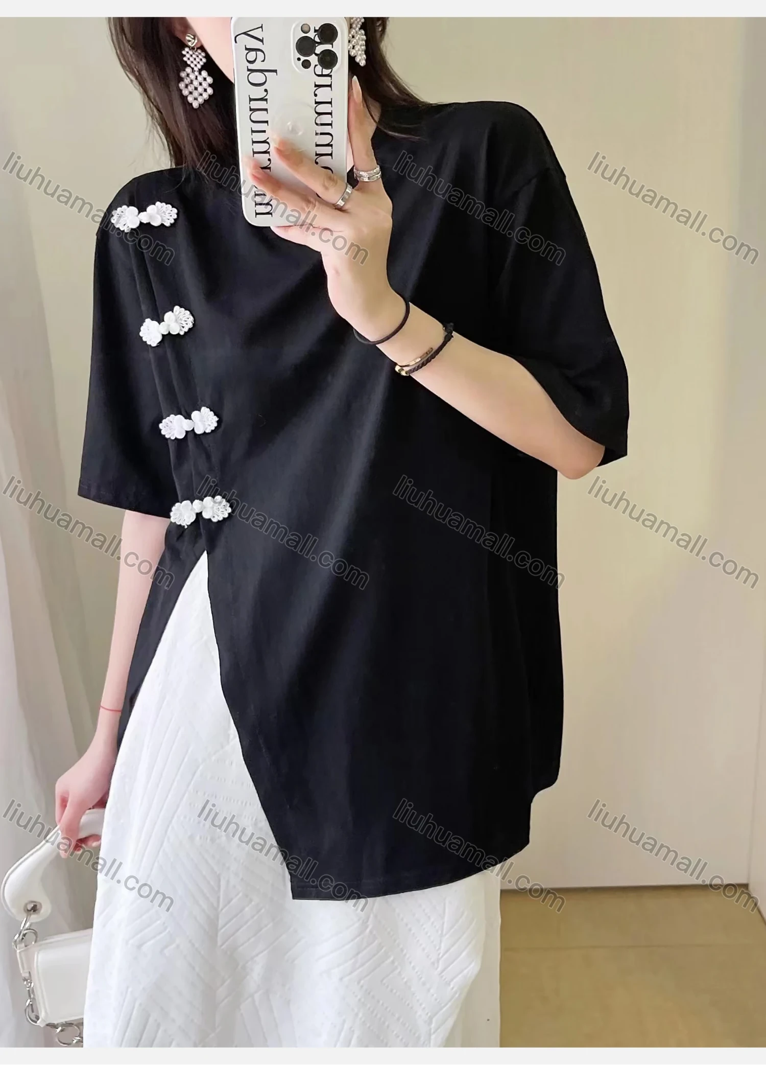 Wholesale Women's Casual Plain Round Neck Half Sleeve Button Decor Split Side Blouse 2Y811# - Liuhuamall