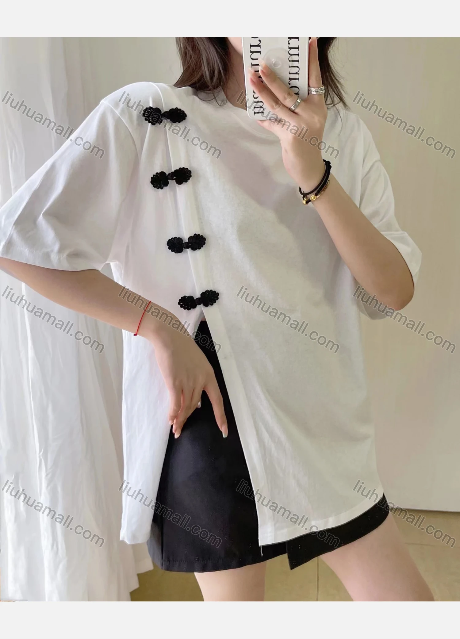Wholesale Women's Casual Plain Round Neck Half Sleeve Button Decor Split Side Blouse 2Y811# - Liuhuamall