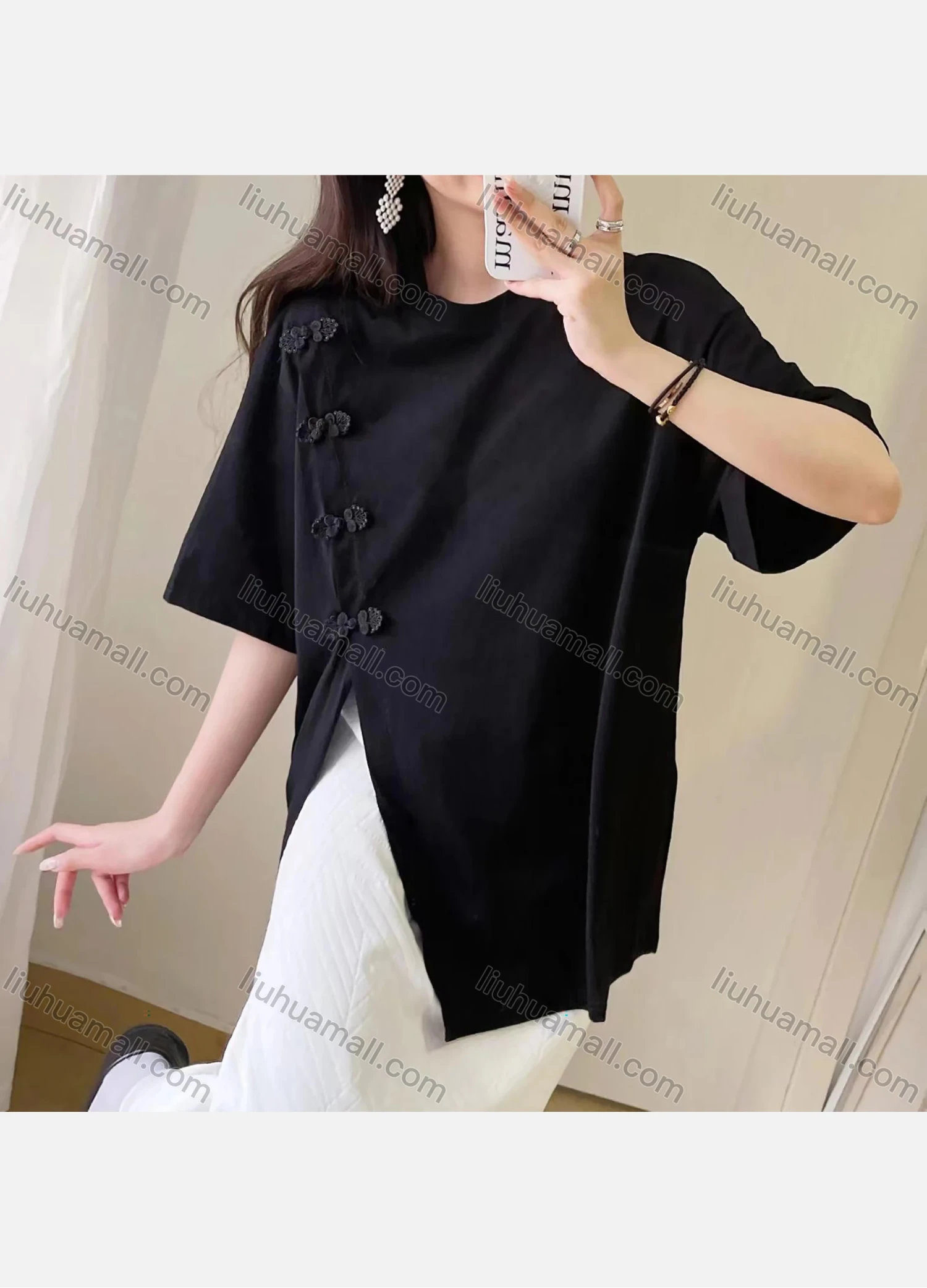Wholesale Women's Casual Plain Round Neck Half Sleeve Button Decor Split Side Blouse 2Y811# - Liuhuamall