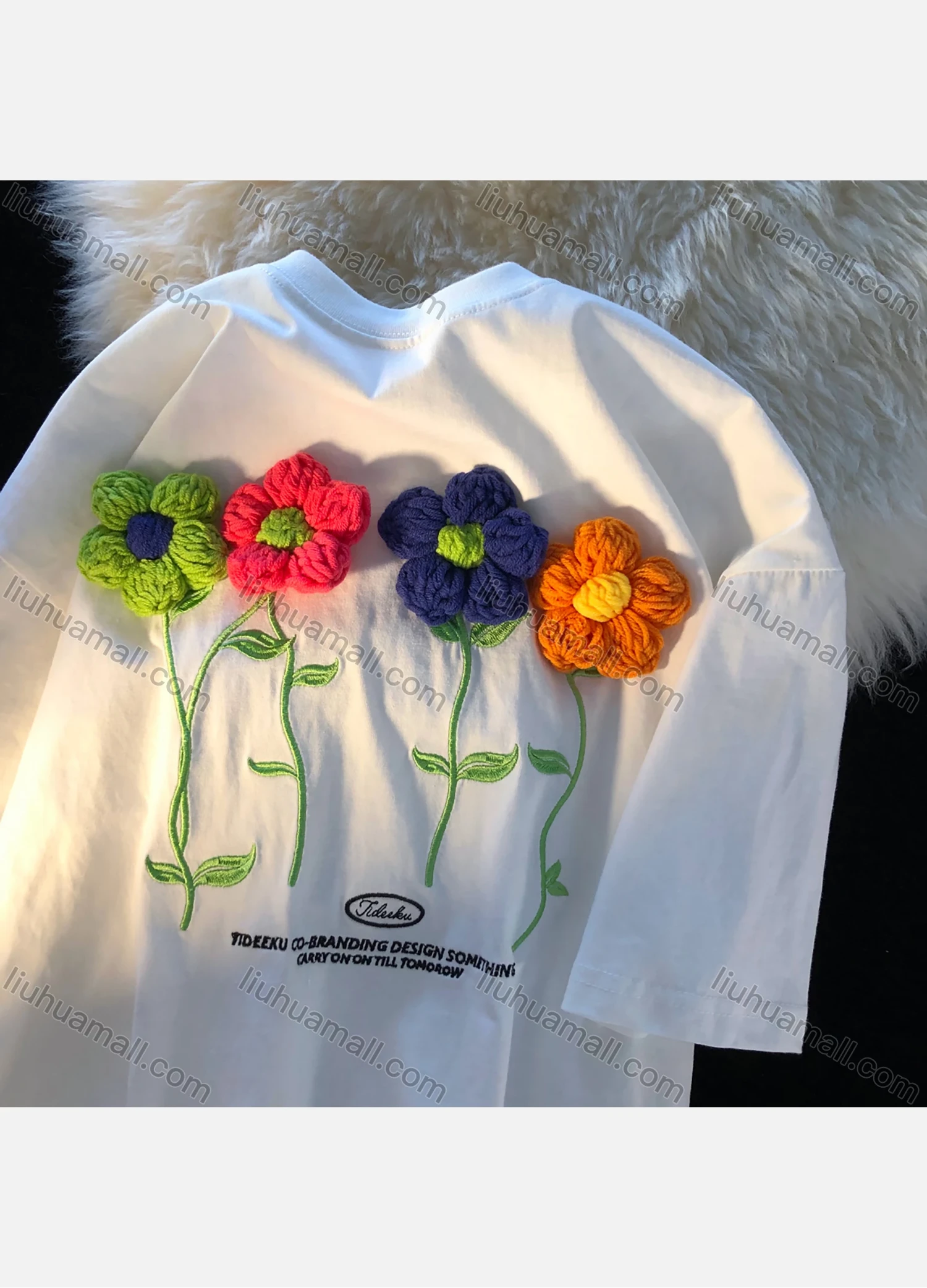 Wholesale Women's Casual Embroidery Knitting Wool 3D Flower Appliques Round Neck Half Sleeve Tee 1004# - Liuhuamall
